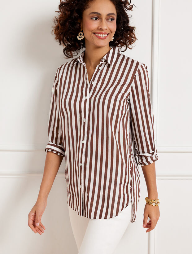 Side Button Boyfriend Shirt - Sand Stripe