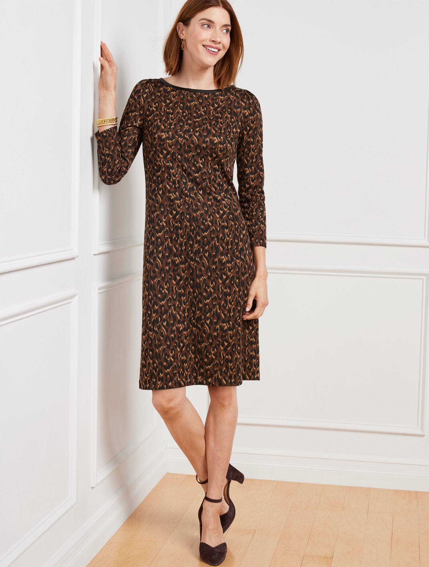 Faux Leather Trim A-Line Dress - Fall Leopard