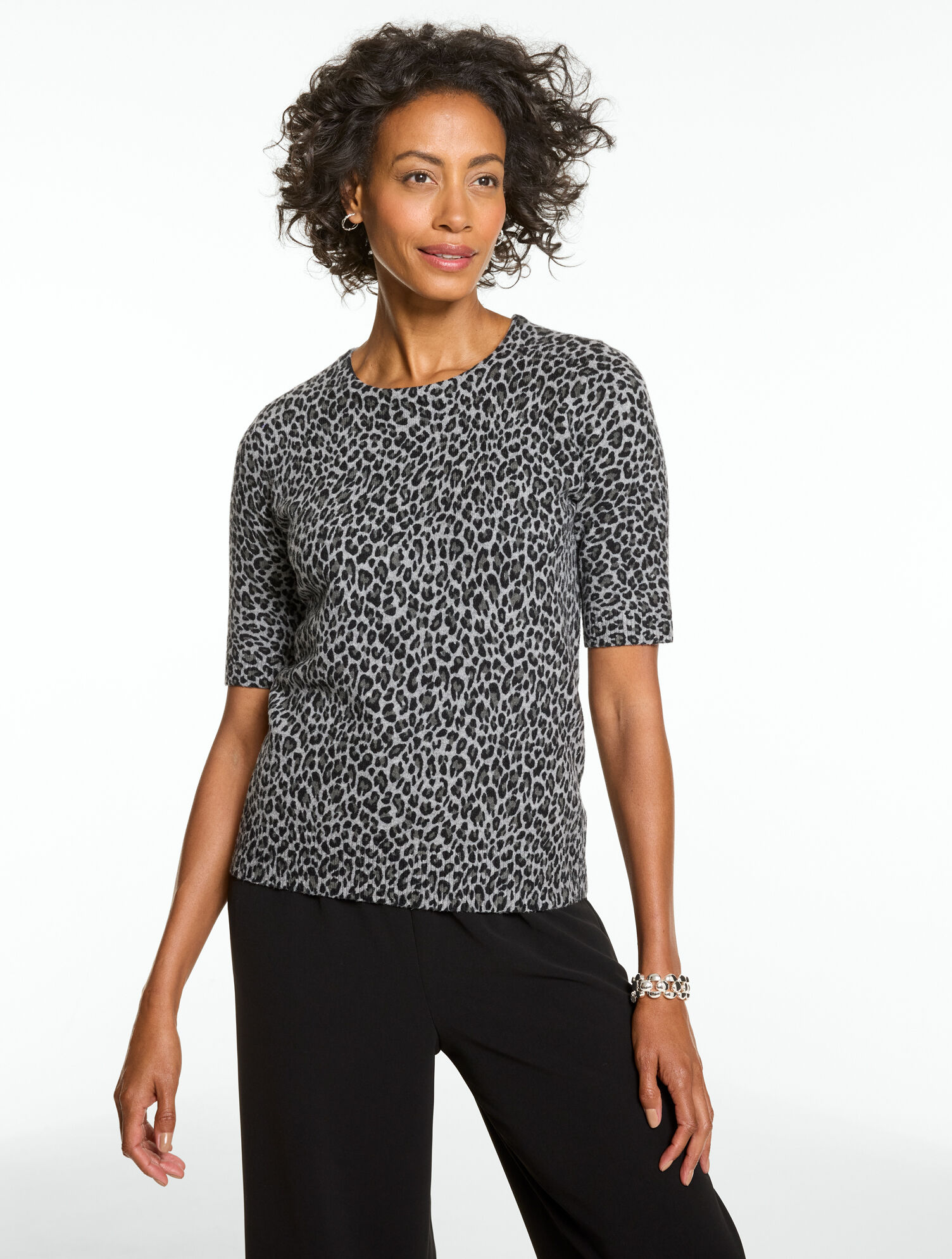 Elbow Sleeve Crewneck Pullover - Fabulous Leopard