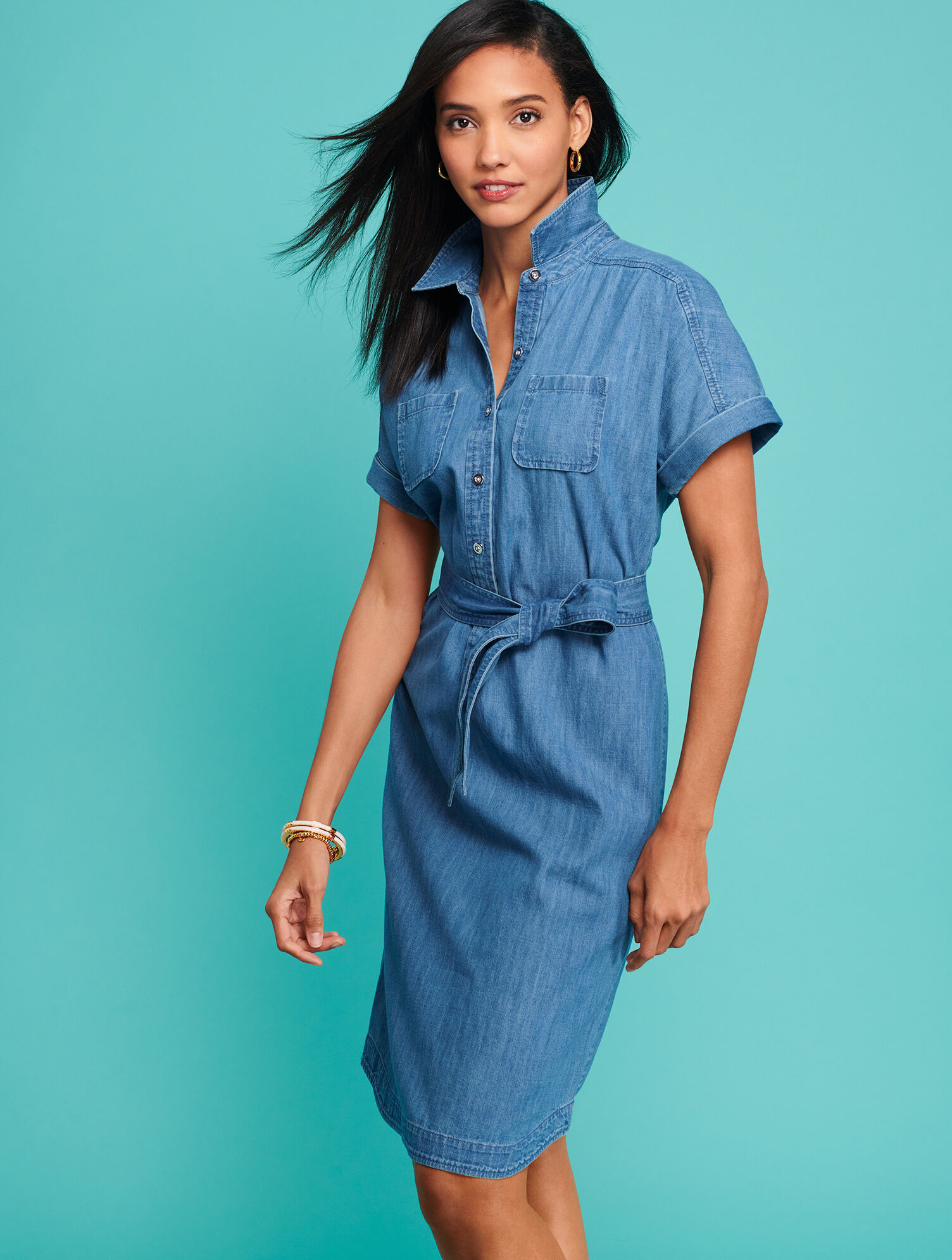 white christmas dresses Chouyatou Women Summer Belted Button Down Denim Shirt Dress Business C –  CHOUYATOU main image 0