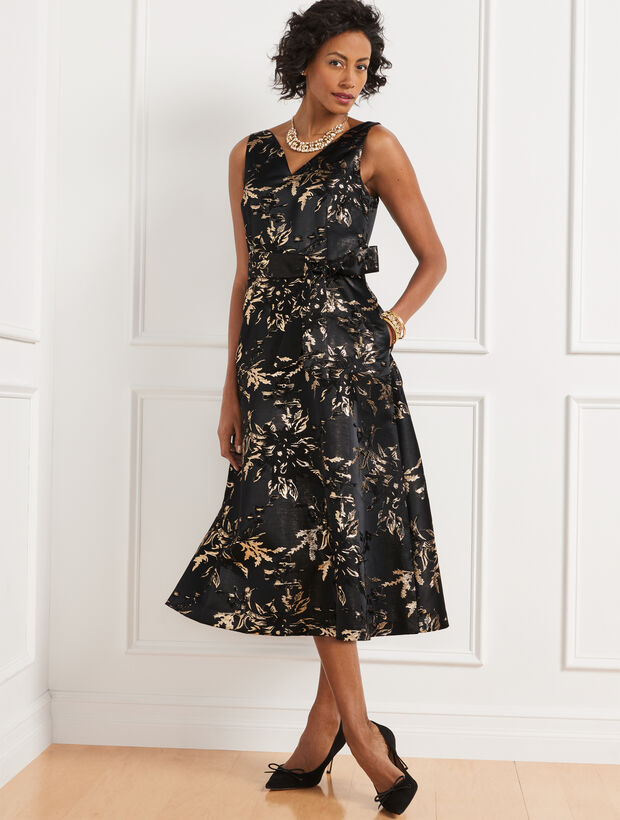 Jacquard Fit &amp; Flare Dress - Metallic Floral