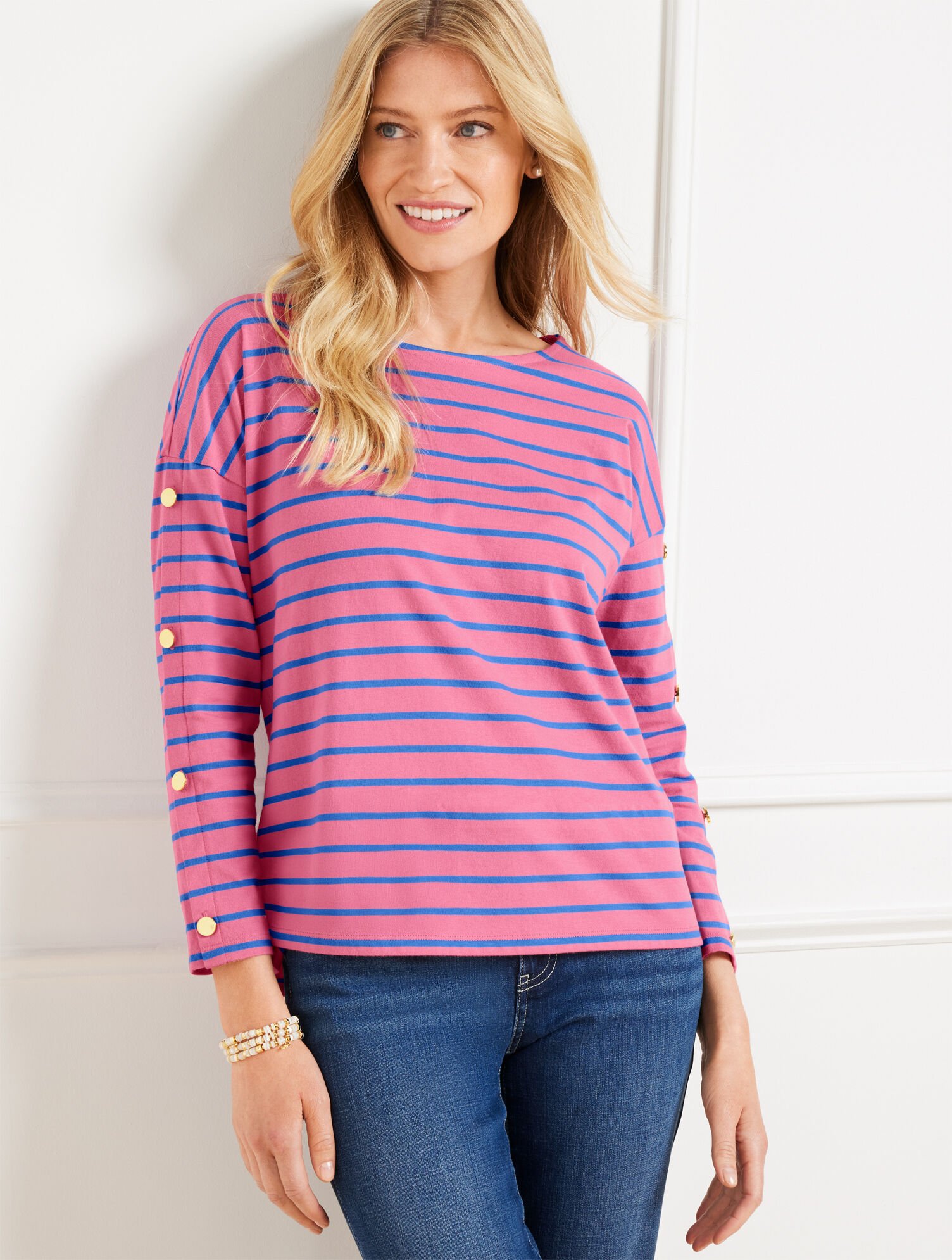 Button Sleeve Crewneck Tee - Stripe