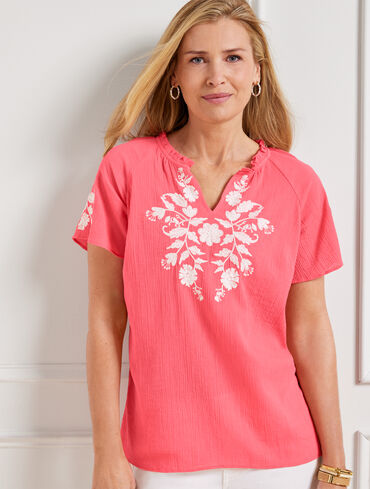 Embroidered Gauze Ruffle Neck Top