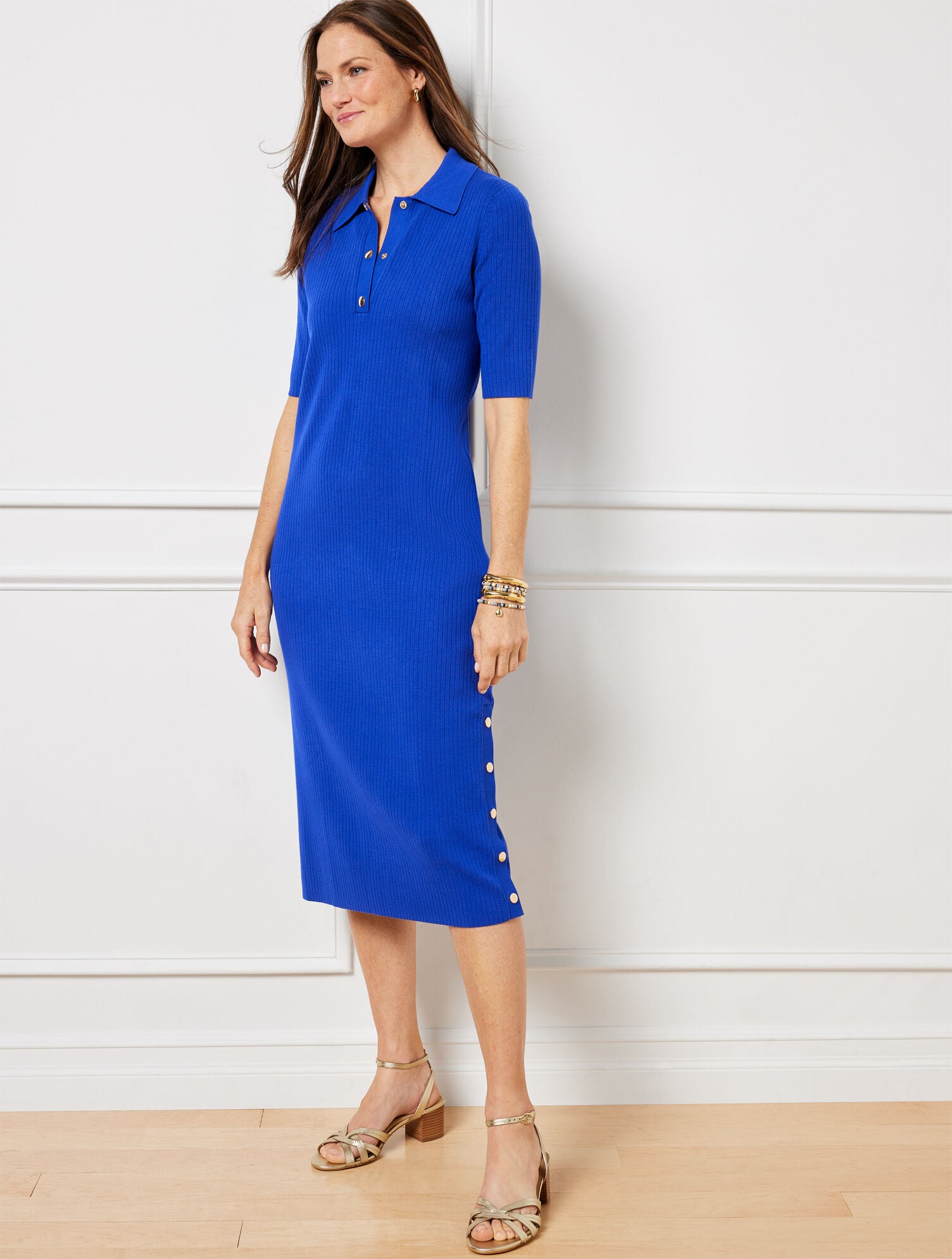 Printed Johnny Collar Long Sleeve Midi Dress