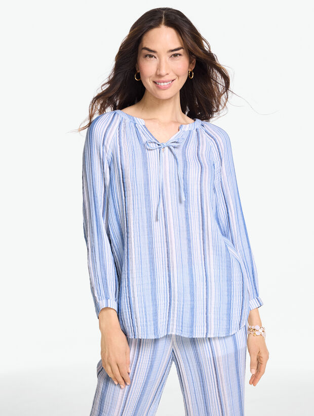 Gauze Band Collar Popover - Seaport Stripe