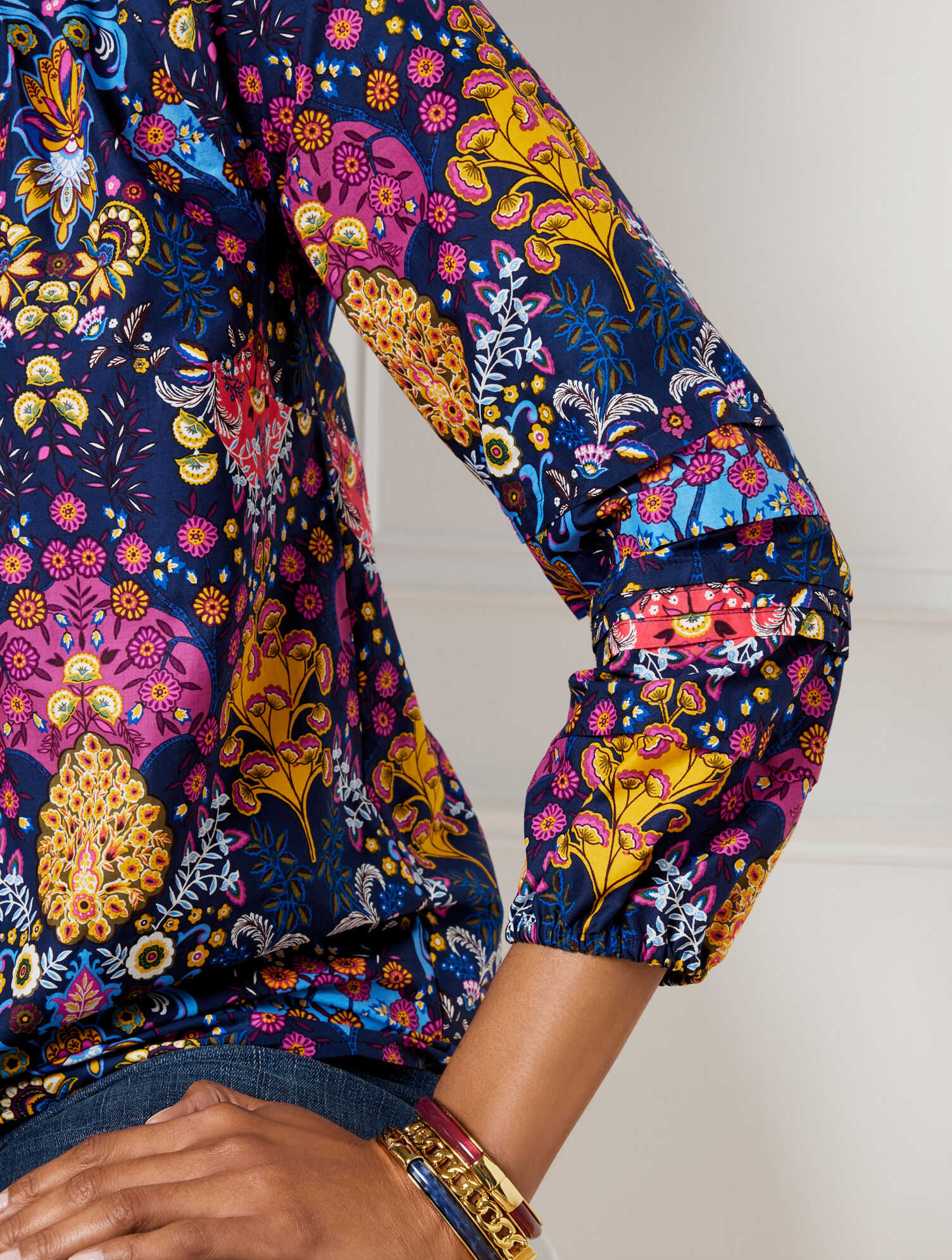Pleated Sleeve Poplin Top - Floral Medallion
