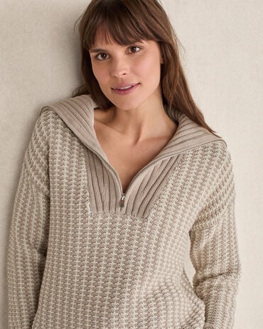 Cotton Blend Contrast Stitch Half Zip Sweater