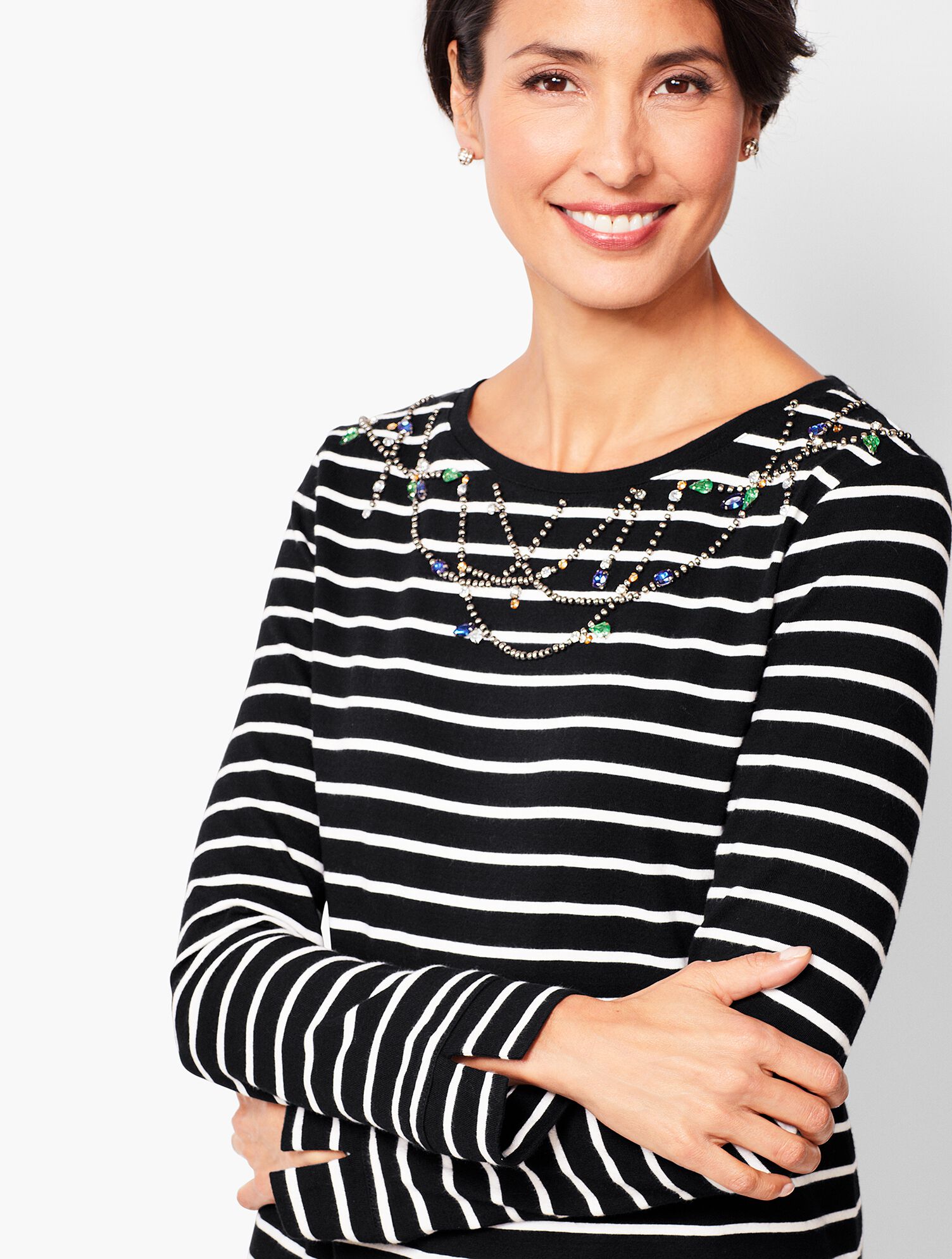 Embellished Long-Sleeve Stripe Tee