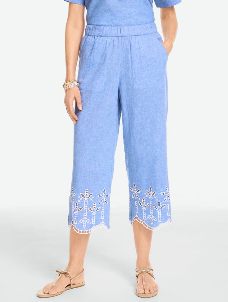 Embroidered Washed Linen Wide Crop Pull-On Pants