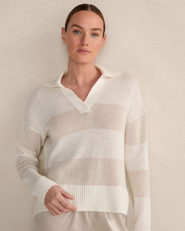 Organic Cotton Linen Stripe Johnny Collar Sweater
