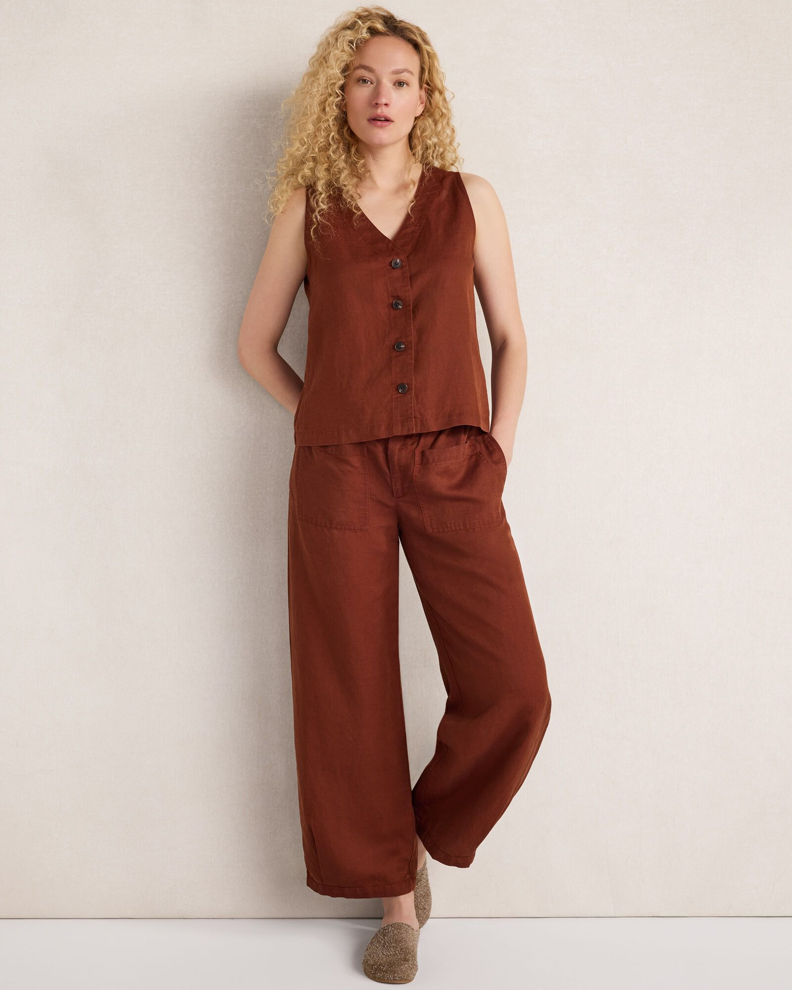 Linen Blend Dobby Belted Balloon Pants