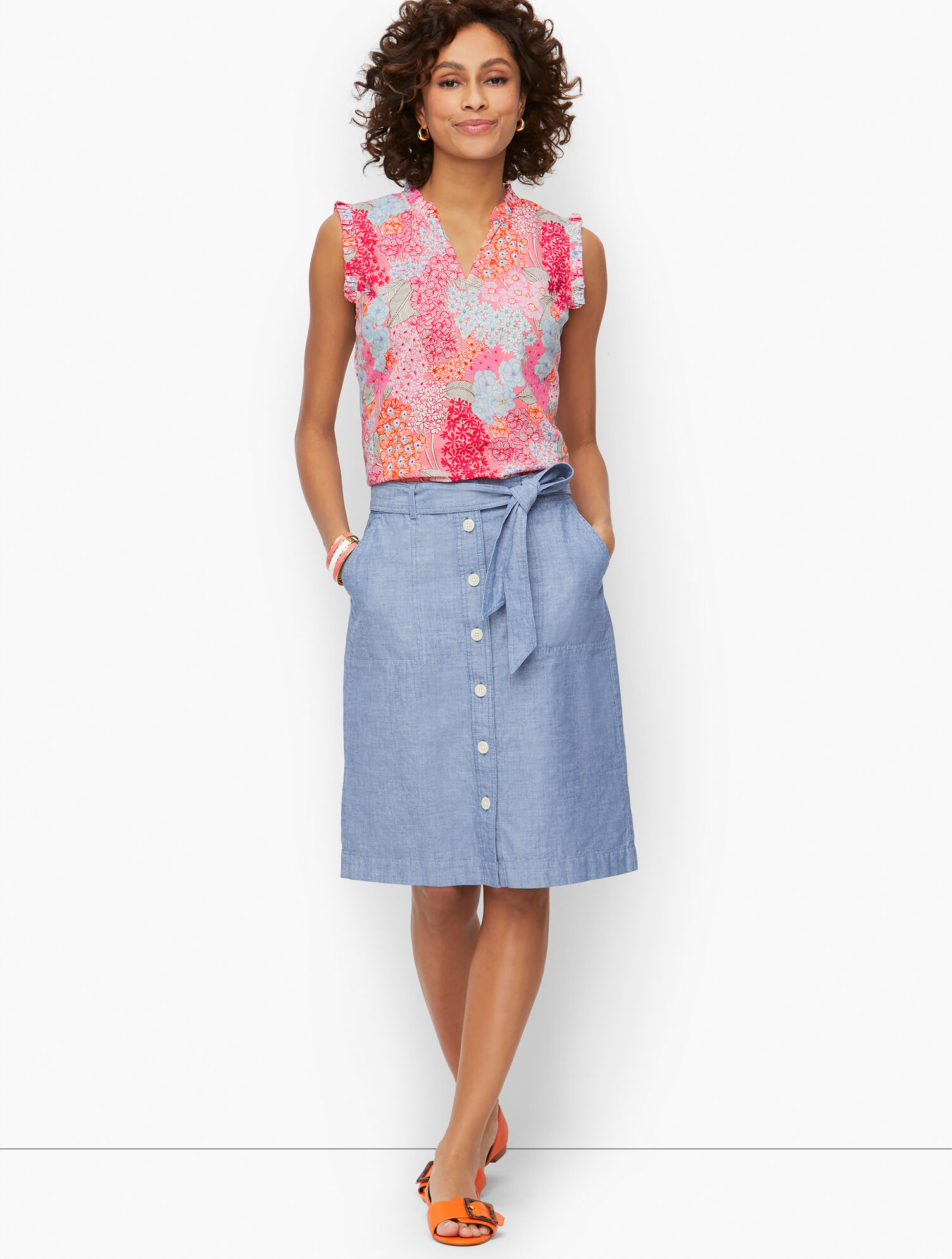 Button Front Skirt - Newport Chambray