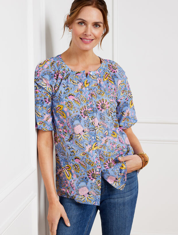 Pleated Sleeve Top - Watercolor Botanical