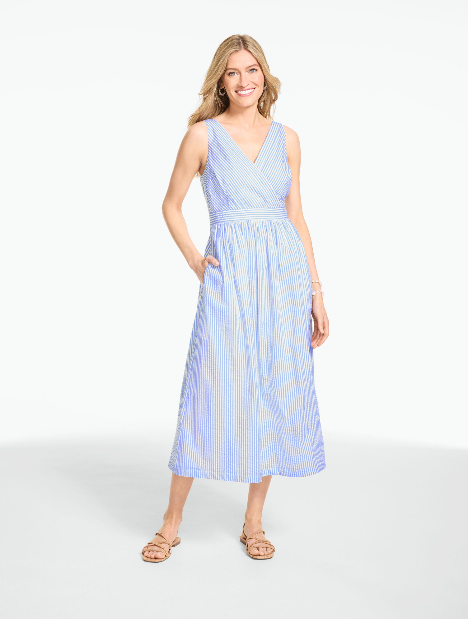 Seersucker Fit &amp; Flare Dress - Ocean Stripe
