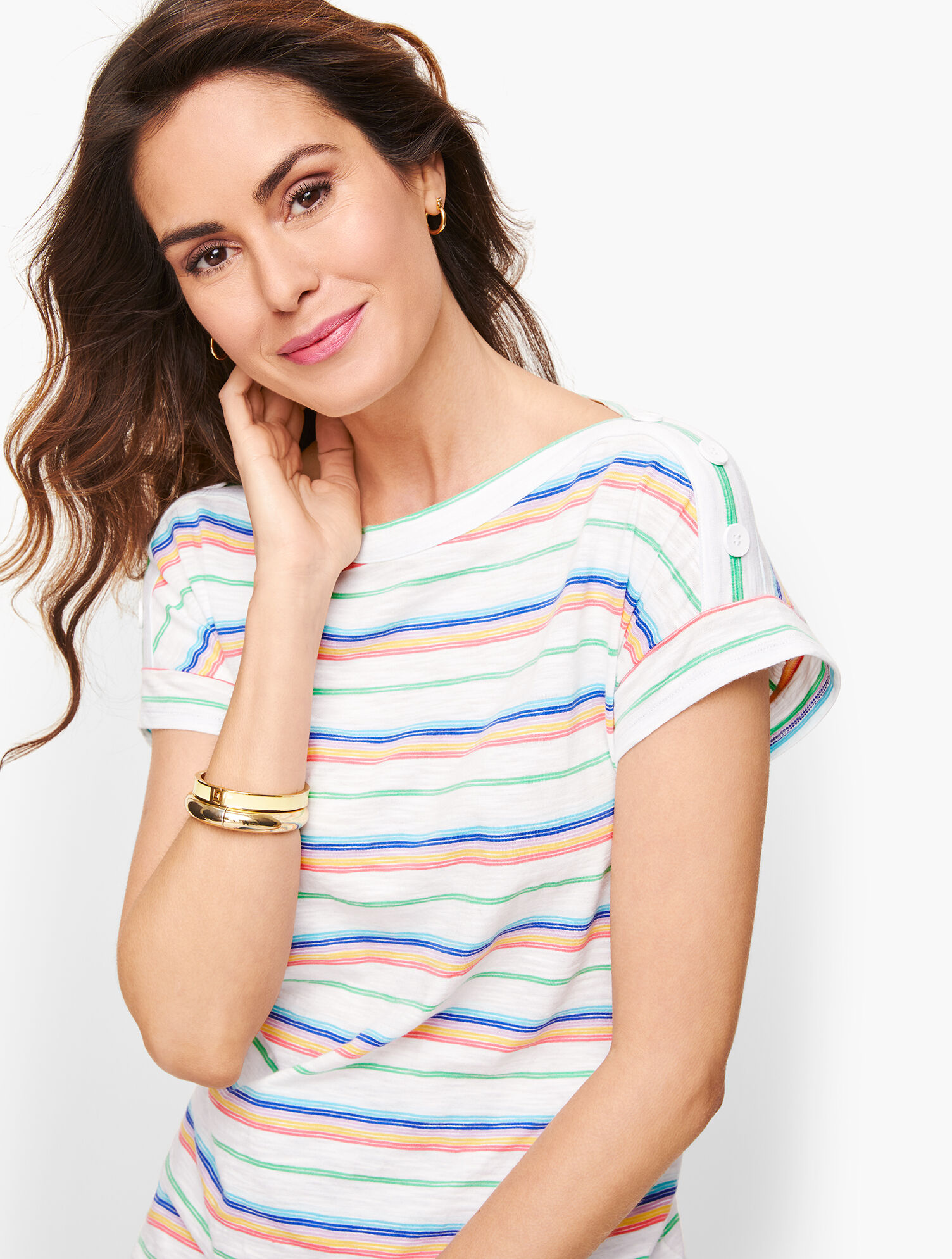 Button Shoulder Tee - Stripe