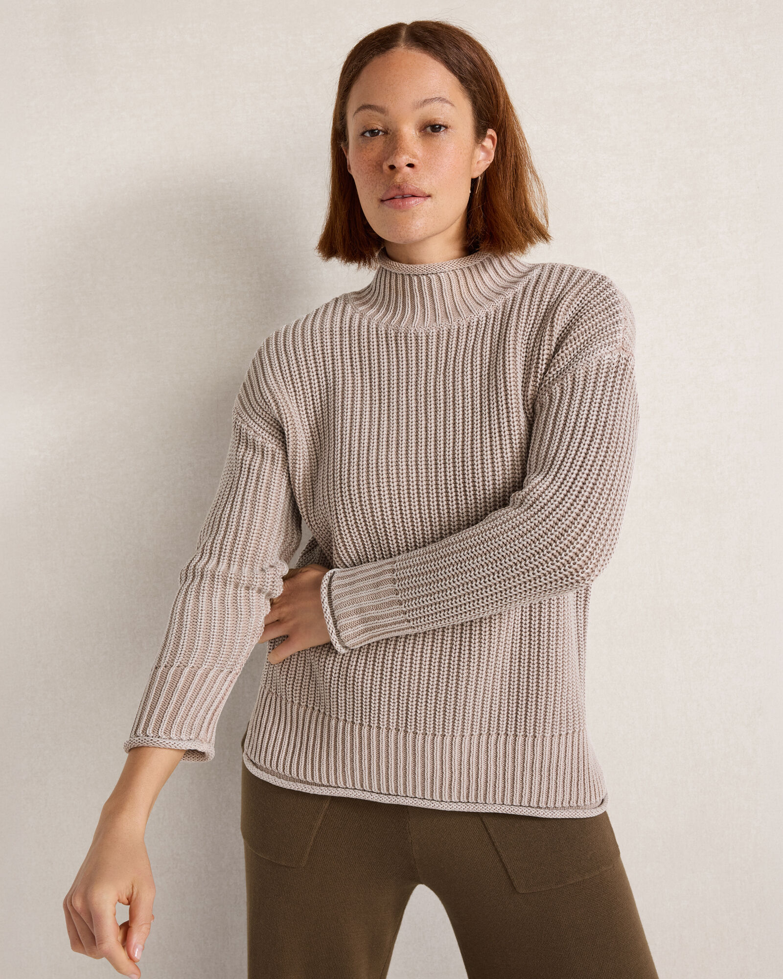 Garment-Dyed Organic Cotton Shaker Stitch Roll Neck Sweater