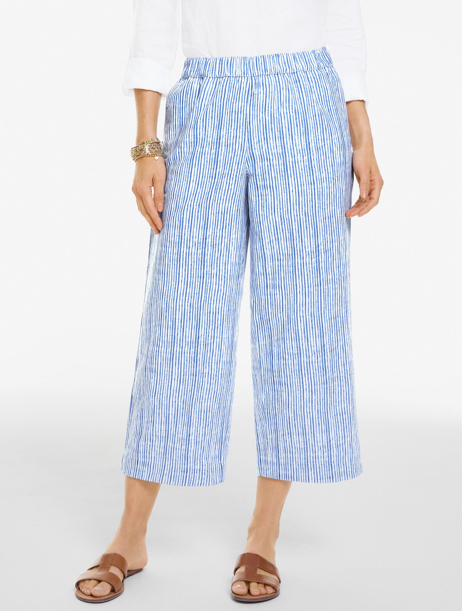 Linen Wide Crop Pull-On Pants - Pinstripe