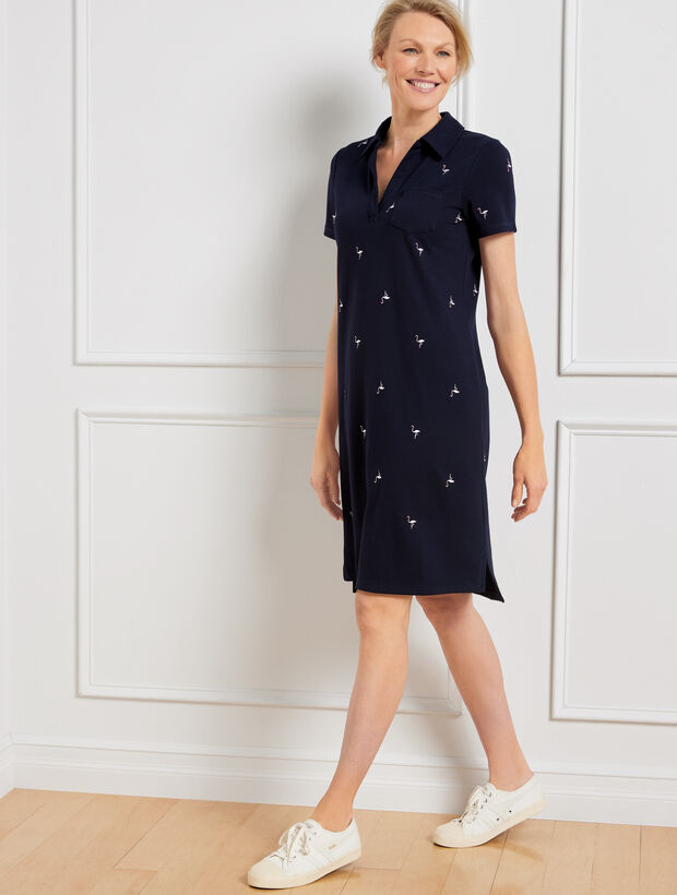 UPF 50+ Piqu&eacute; Polo Dress - Embroidered Flamingo