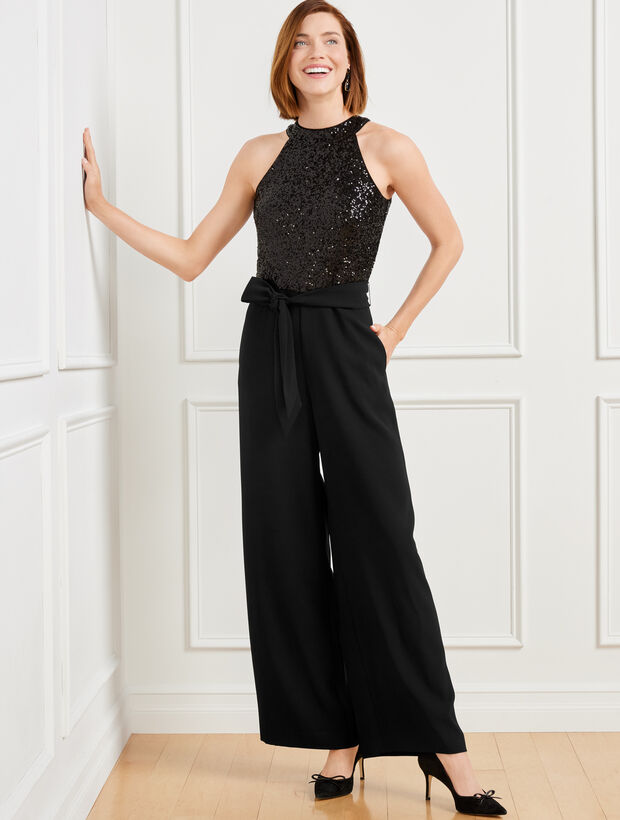 Sequin Crepe Halter Neck Jumpsuit