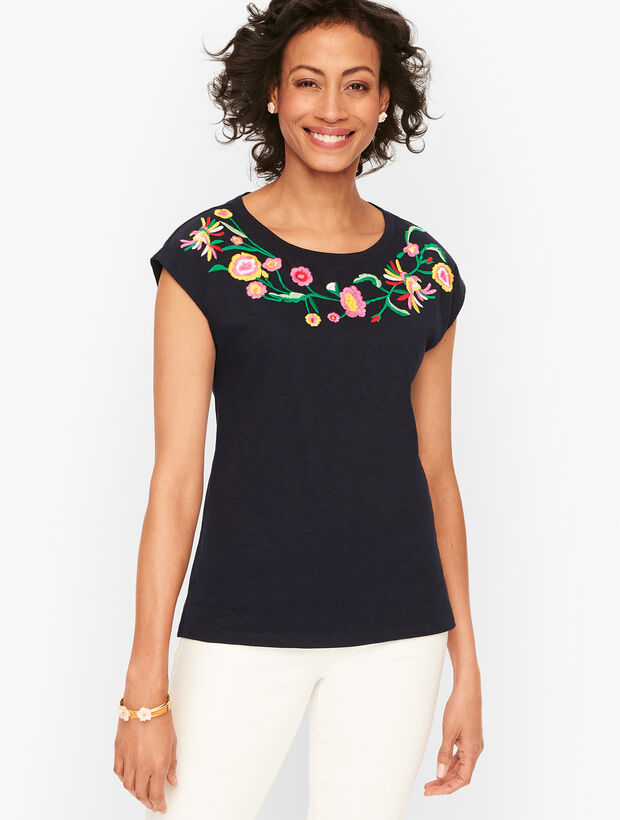 Embroidered Flower &amp; Bird Tee