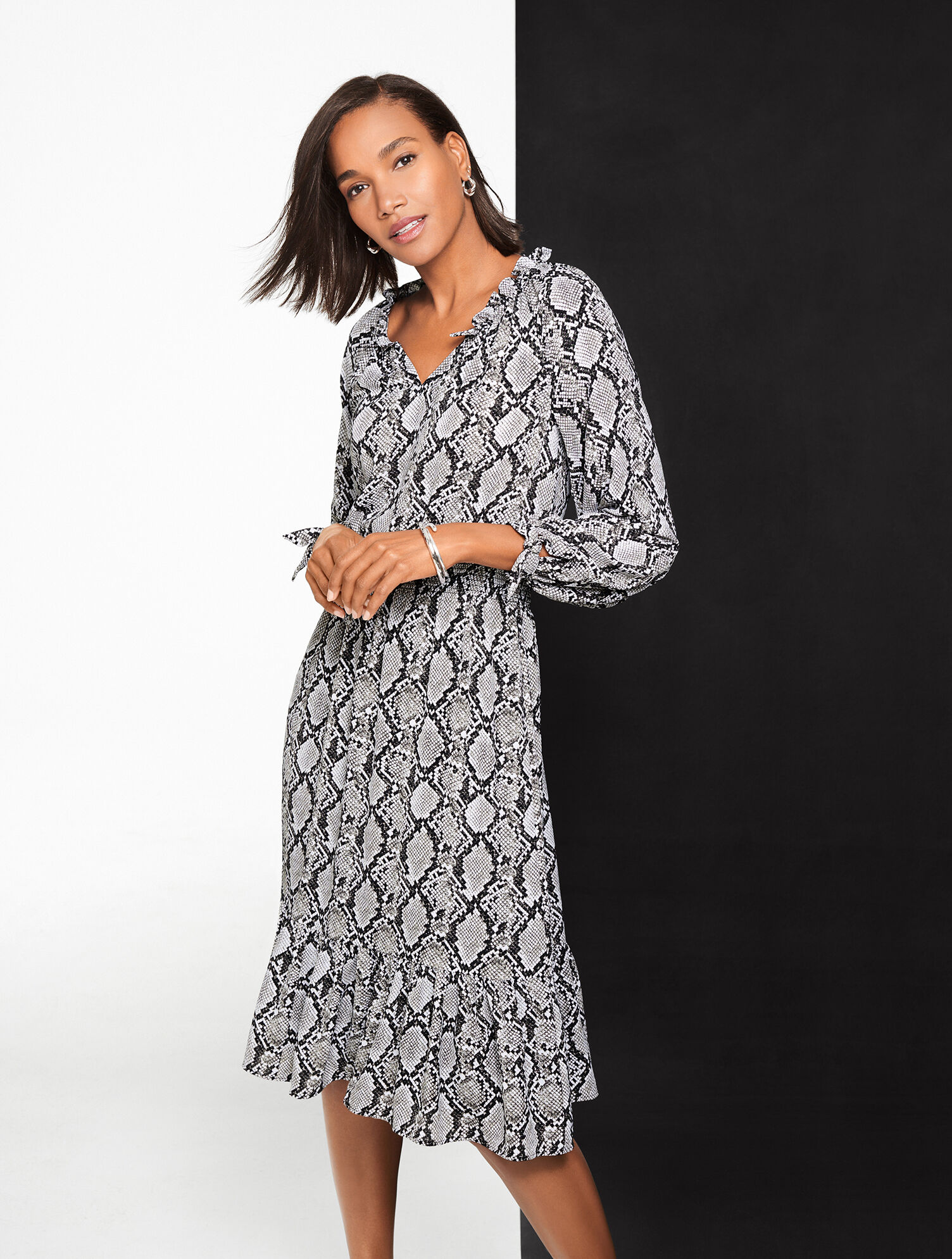 Tie Sleeve Fit &amp; Flare Dress - Snakeskin Print