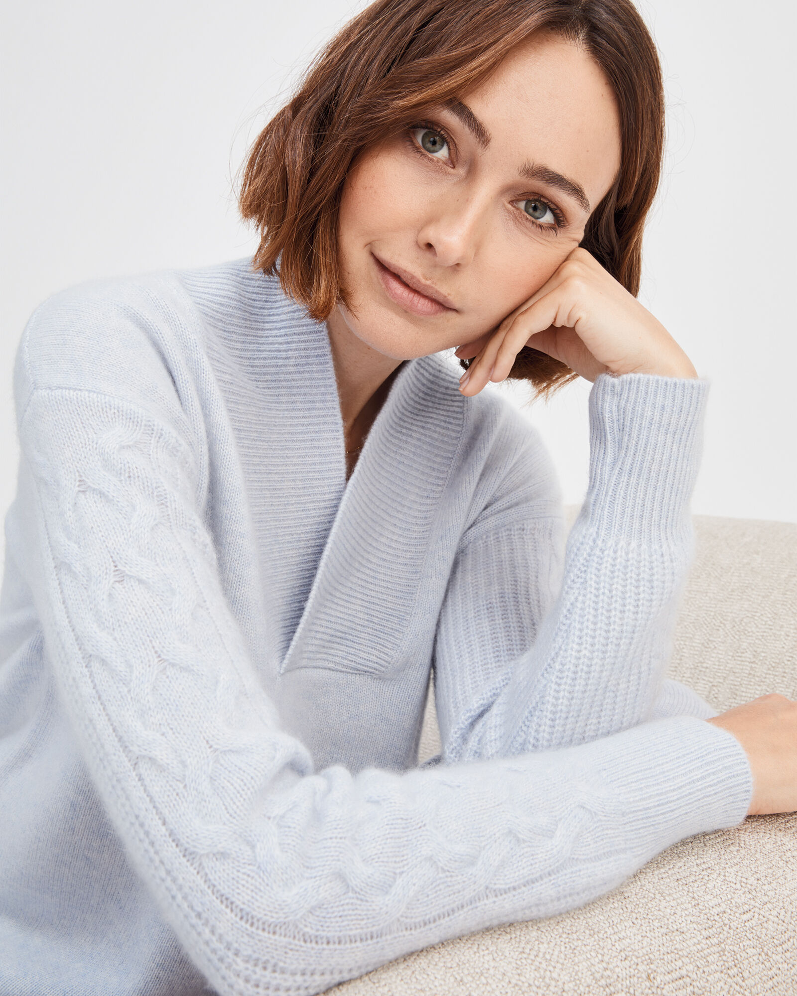 Cashmere Mix Wide Neck Cable Sweater (3D-Knit) main image 1