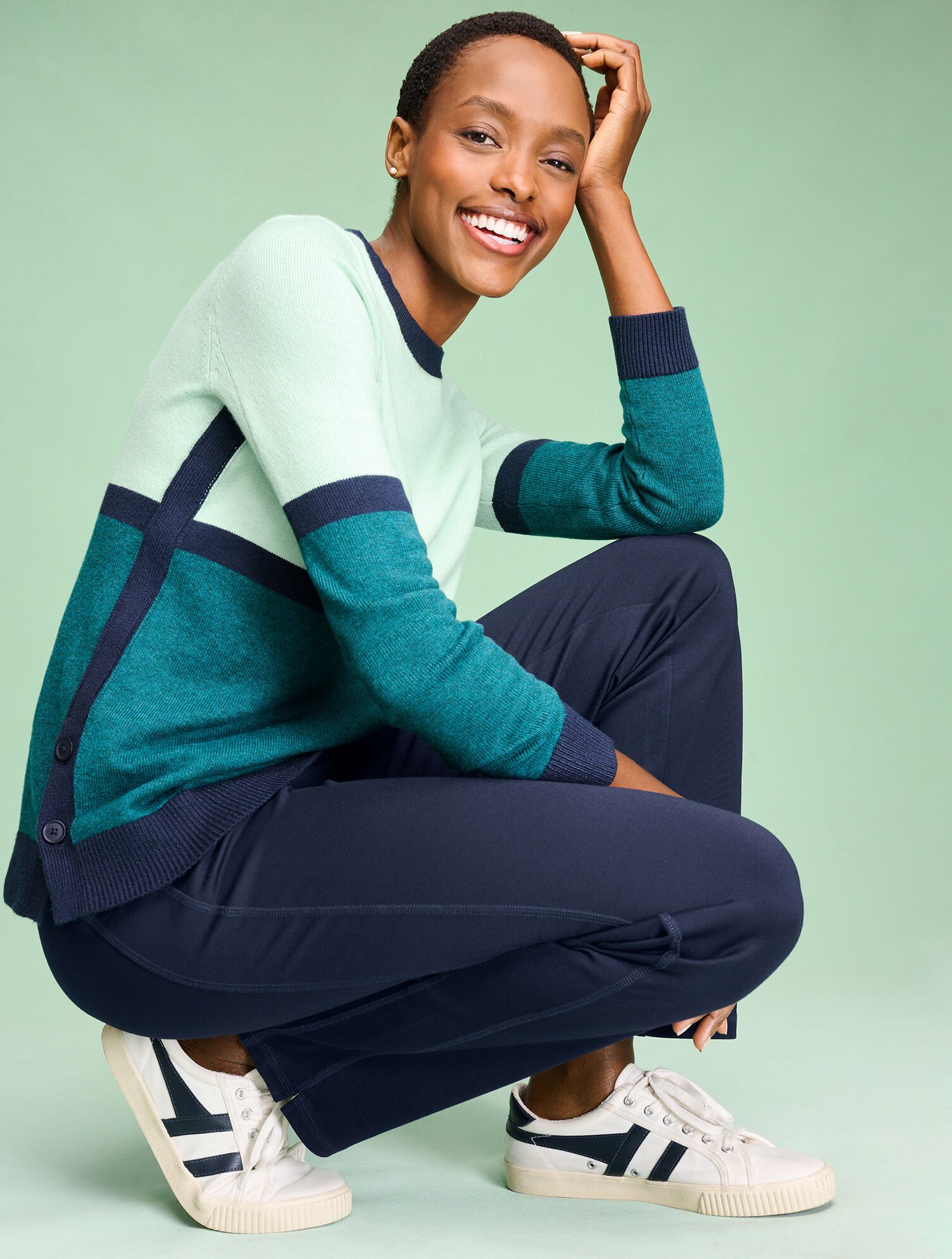 Button Hem Crewneck Sweater