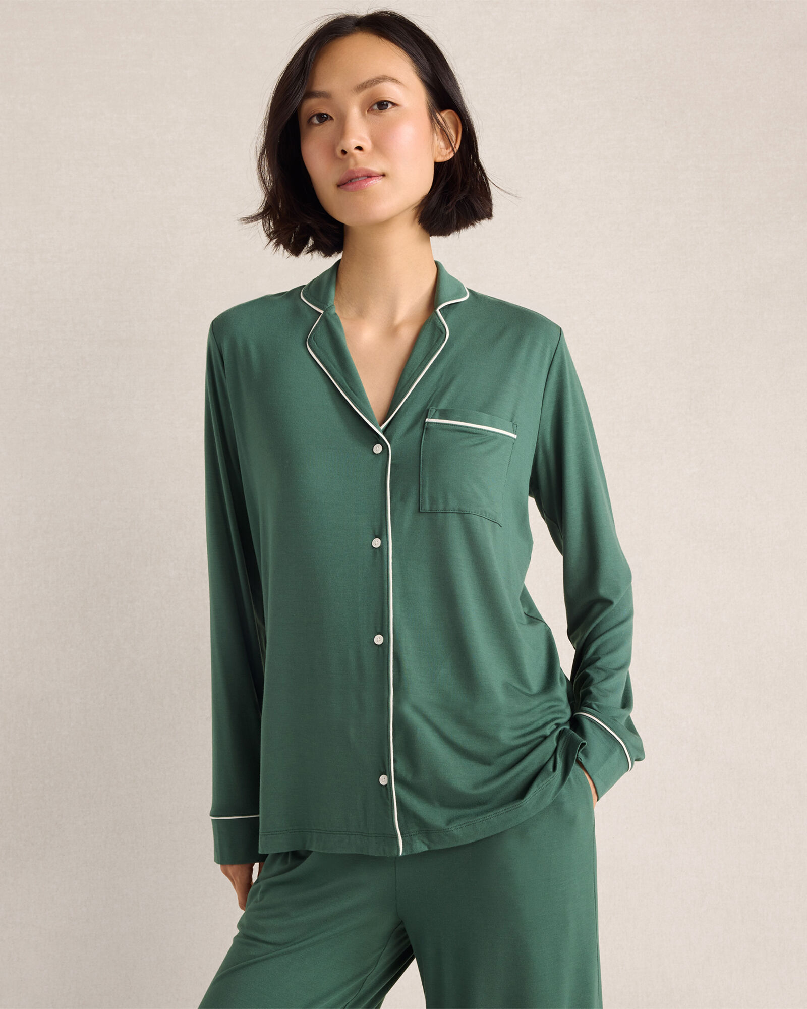 Calm &amp; Cool Notch Collar Long Sleeve Pajama Top