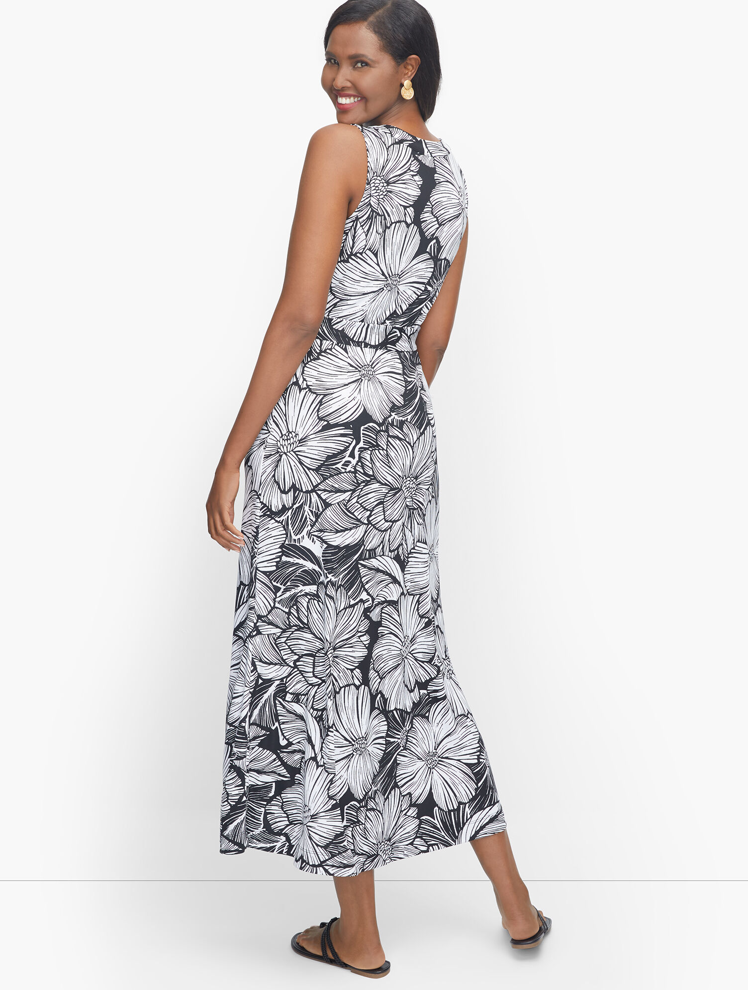 Knit Jersey Button Front Tropical Maxi Dress