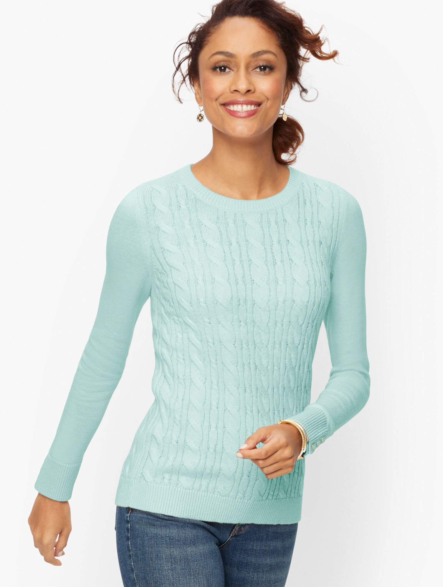 Button Cuff Cable Knit Sweater | Talbots