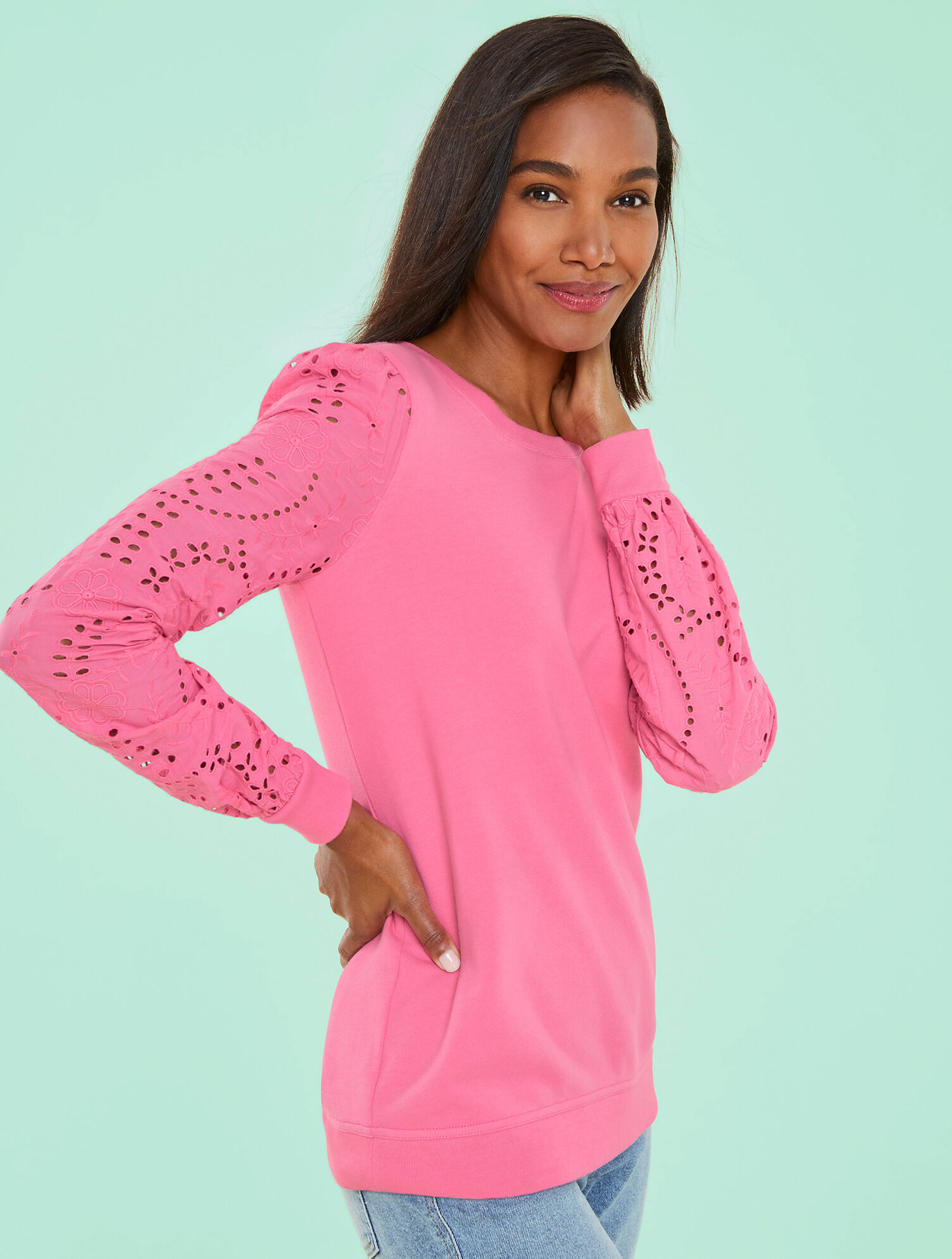 Eyelet Sleeve Crewneck Sweatshirt | Talbots