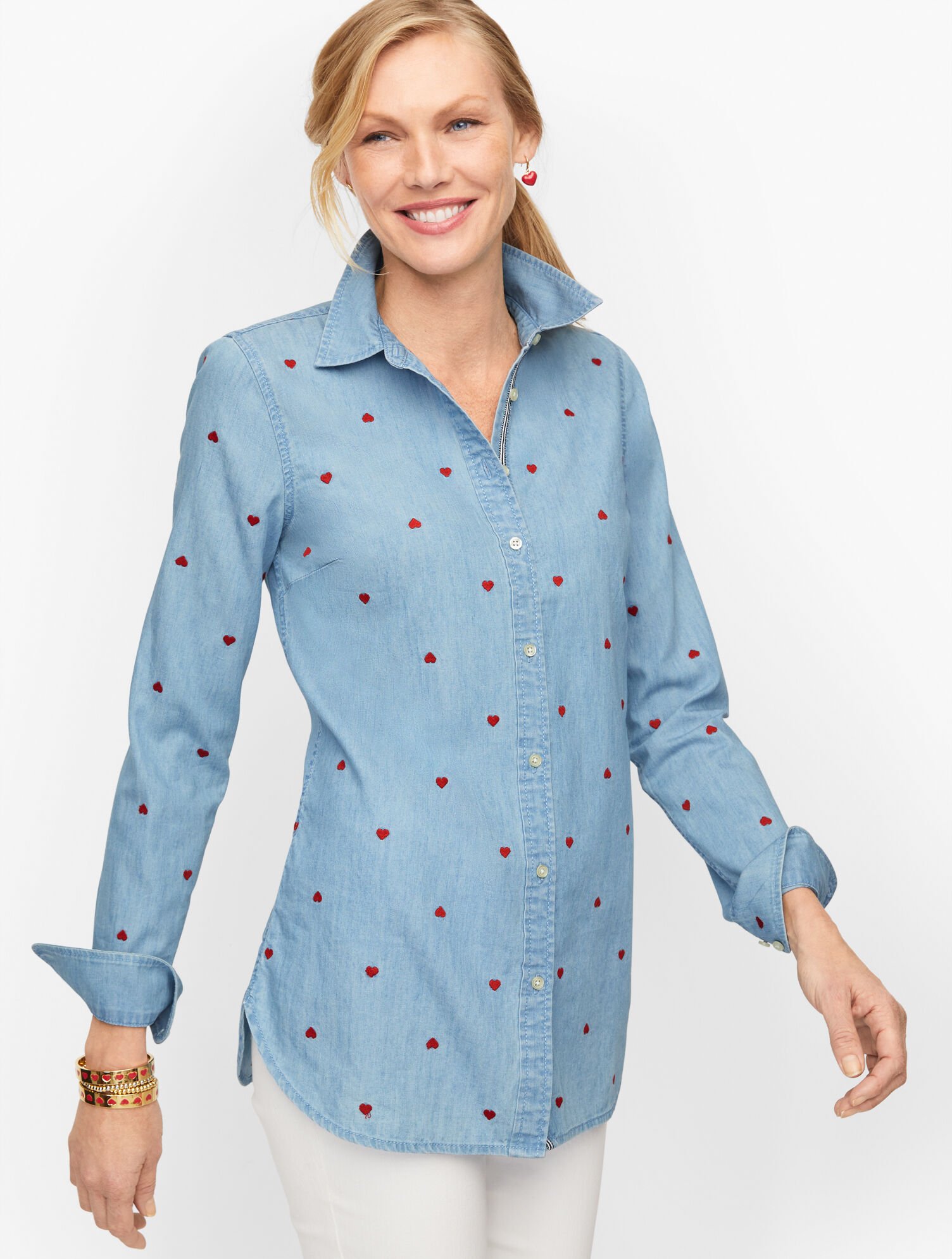 Embroidered Denim Button Front Shirt Talbots