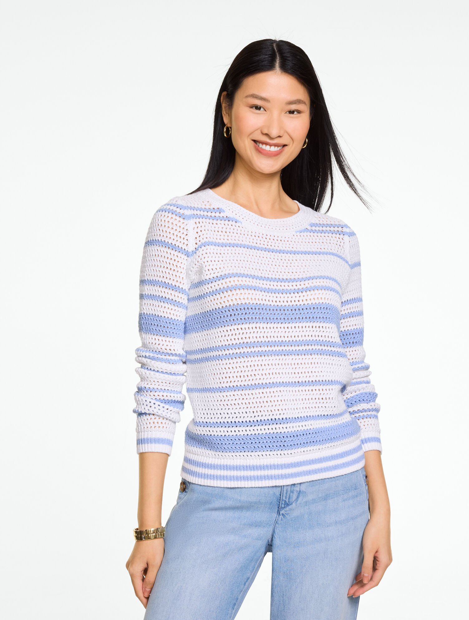 Open Stitch Crewneck Sweater - Marl Stripe