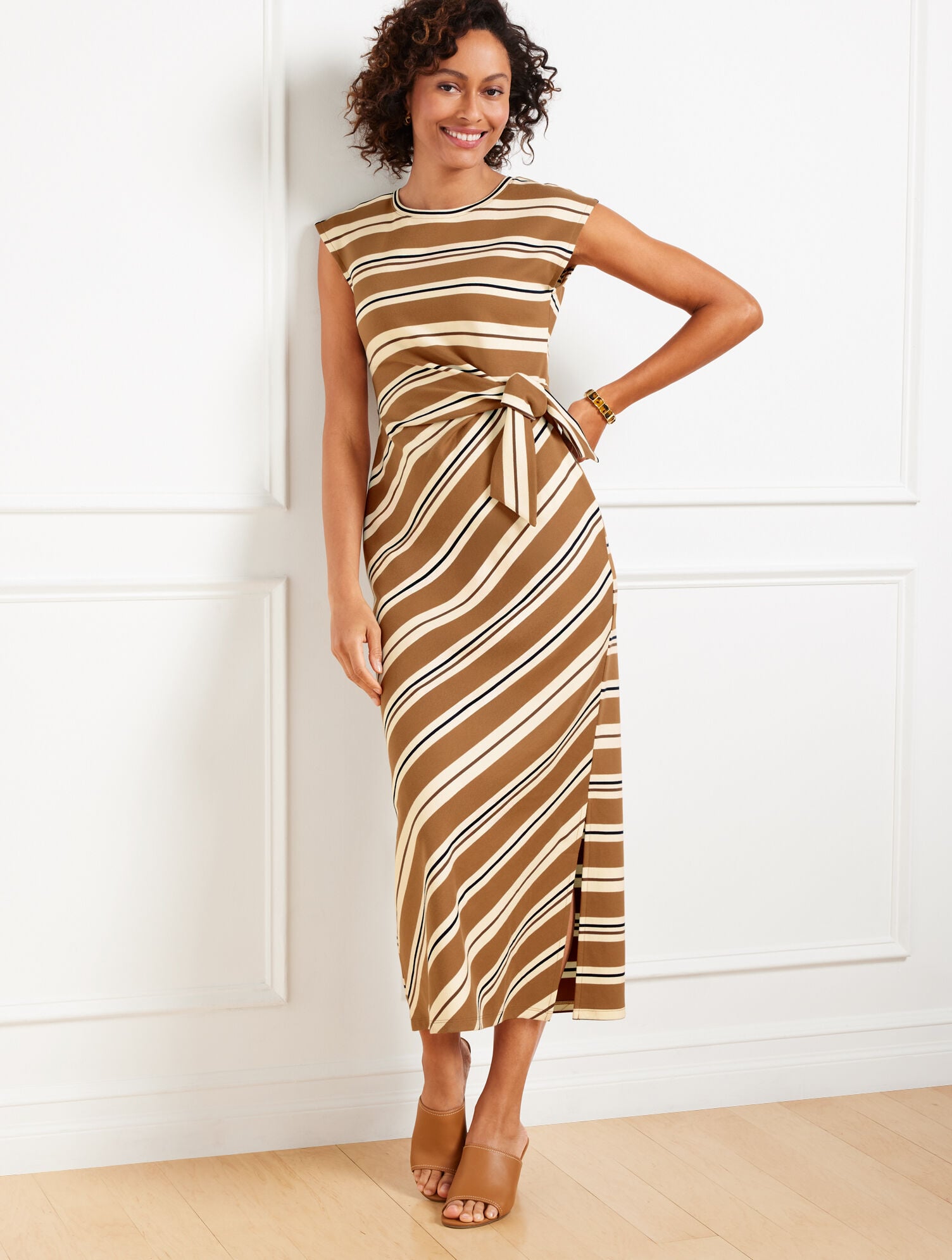 brown stripe midi dress Brown Stripe Short Sleeve V Neck Midi Dress