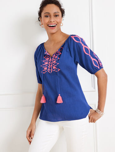 Crinkle Gauze Embroidered Top