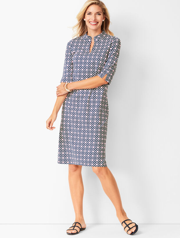 Geo-Print Mockneck Knit Shift Dress