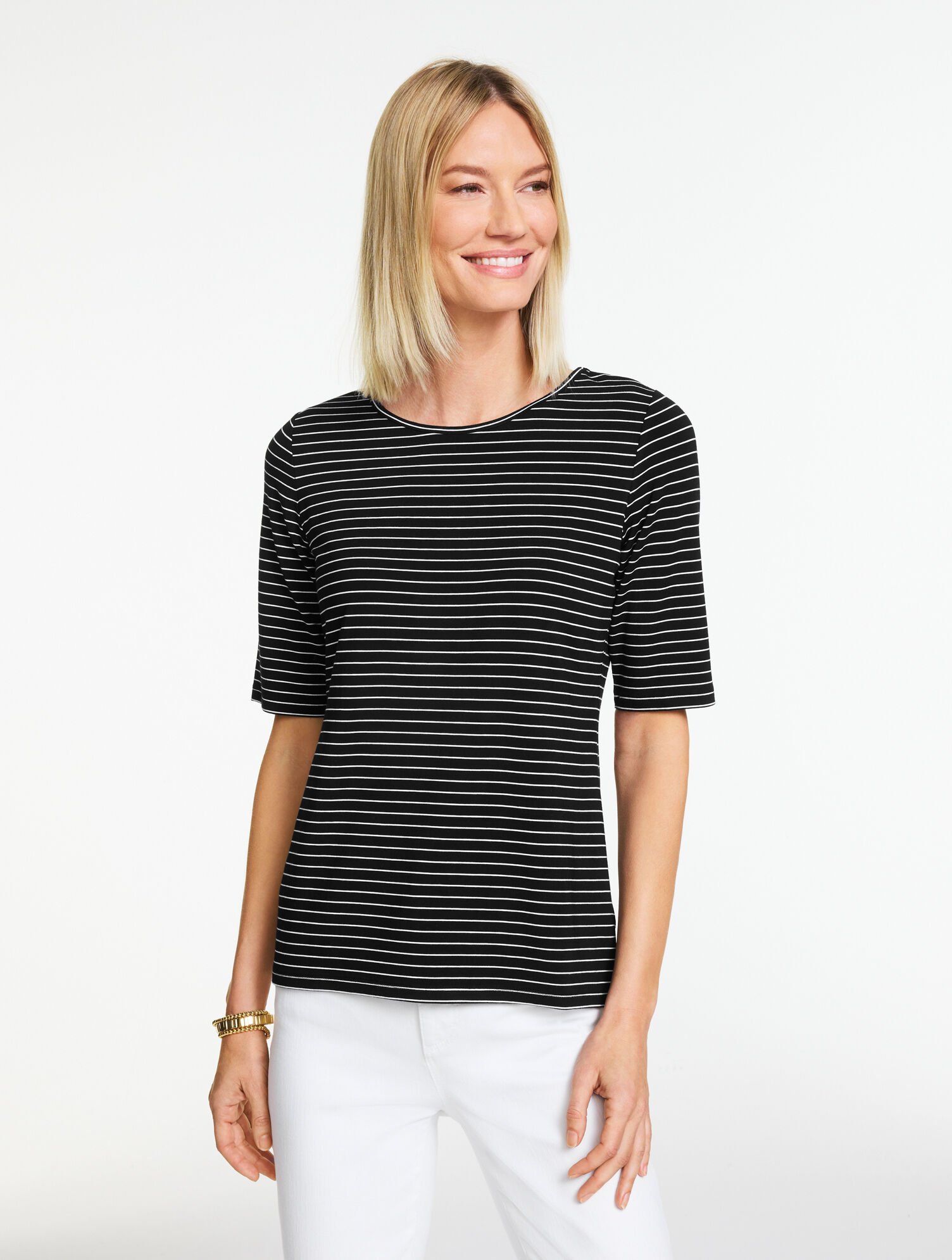 Elbow Sleeve Crewneck Top - Kelly Stripe
