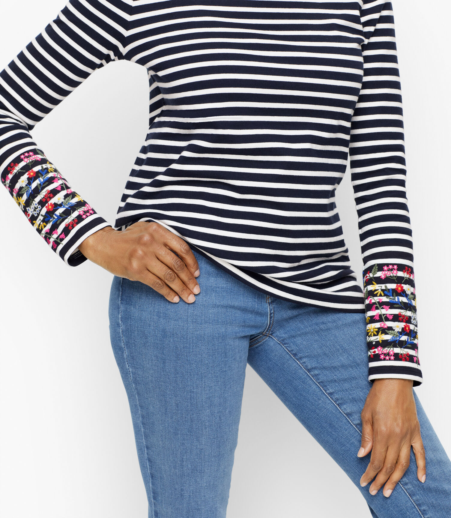 Embroidered Bateau Neck Tee -  Fleur Stripe
