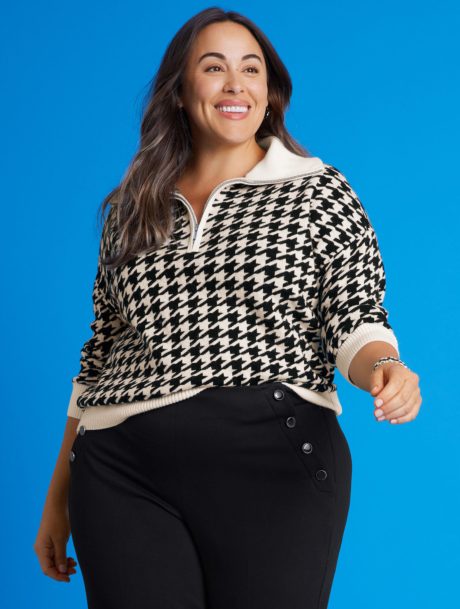 Zip Collar Sweater - Houndstooth Jacquard