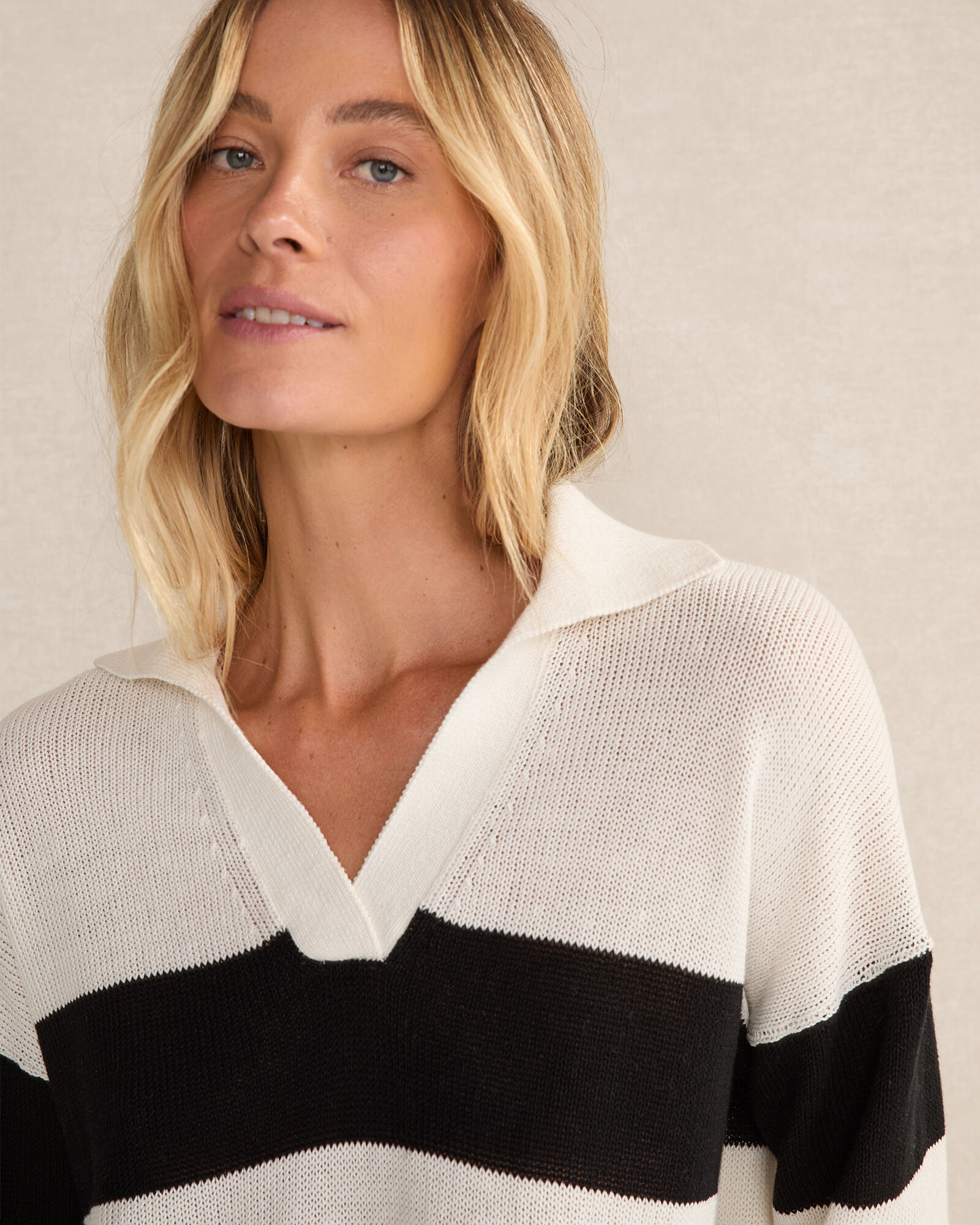 Organic Cotton Linen Stripe Johnny Collar Sweater