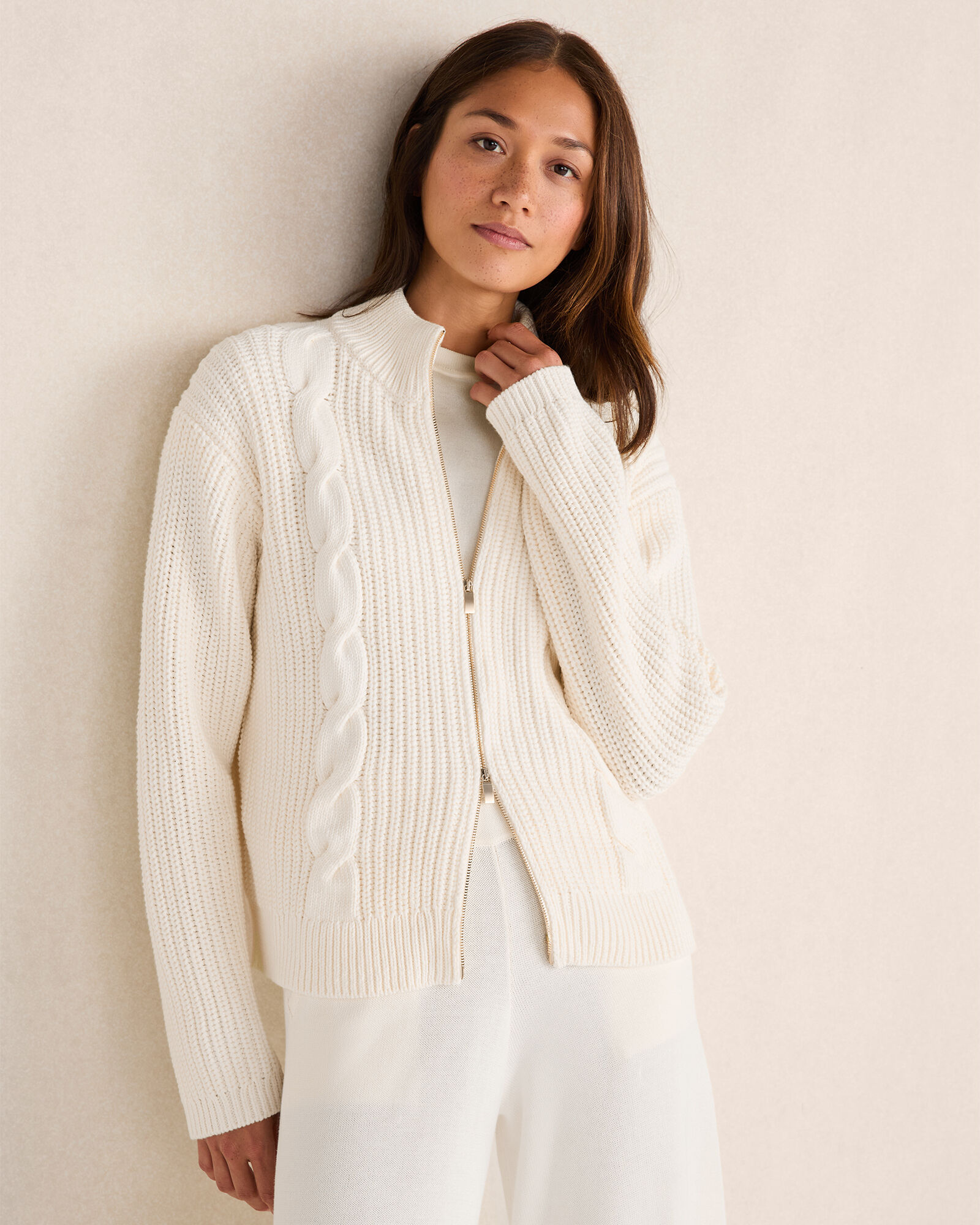 【サイズ2】High Density Cotton Knit Cardigan Cotton Mixed Stitch Double-Zip Cardigan | Haven Well Within