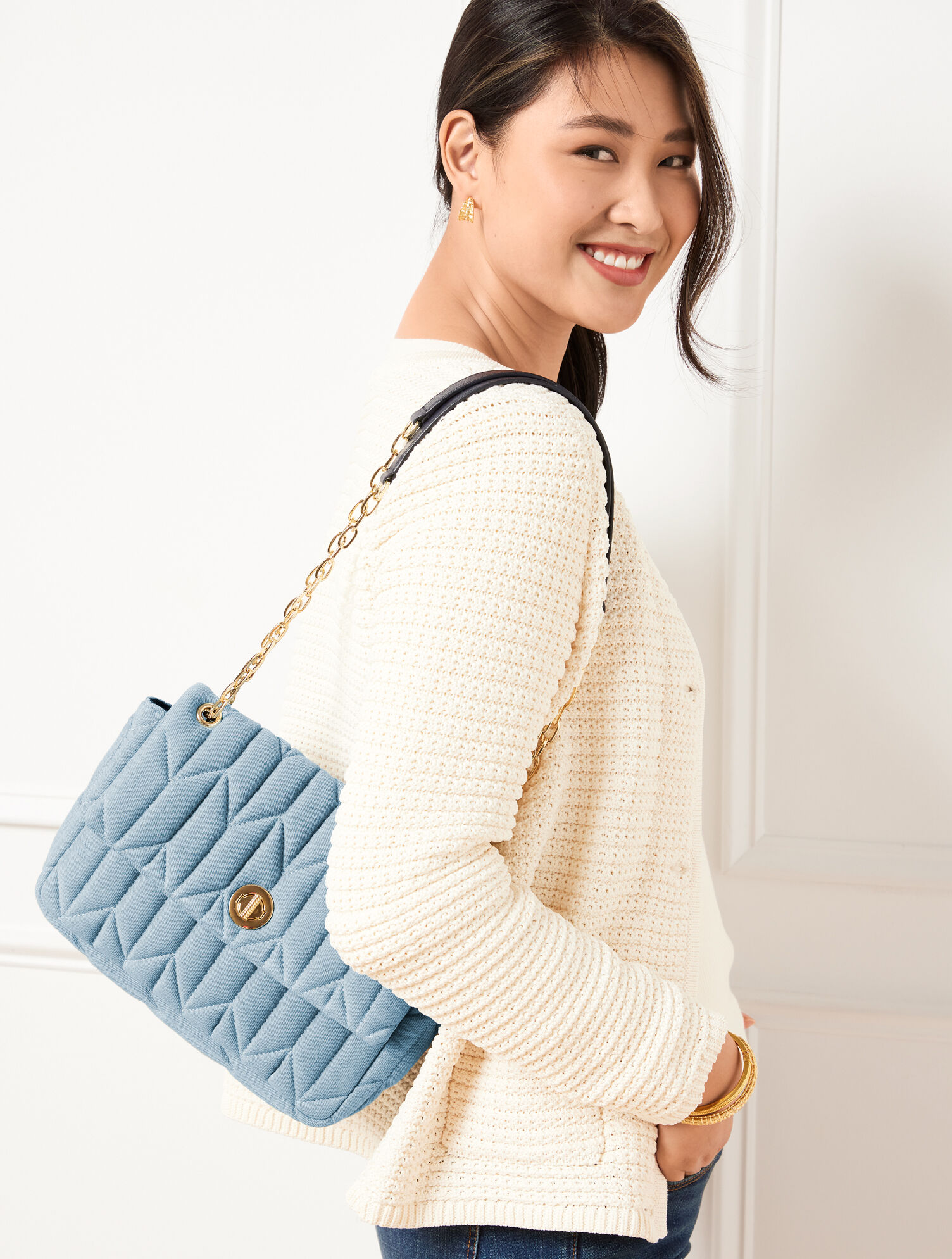 Chain Strap Crossbody Bag - Quilted Denim