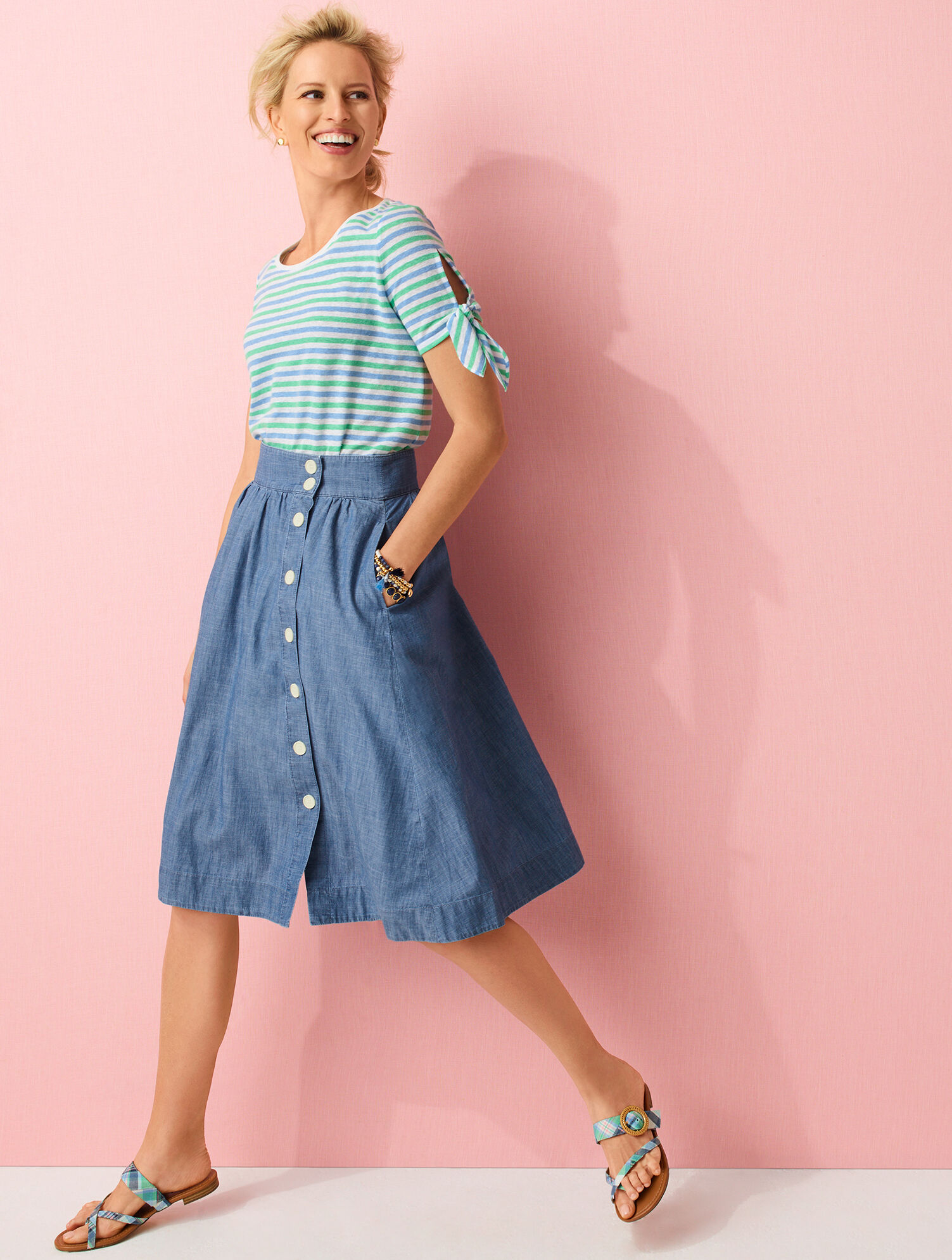 Denim Button Front Midi Skirt