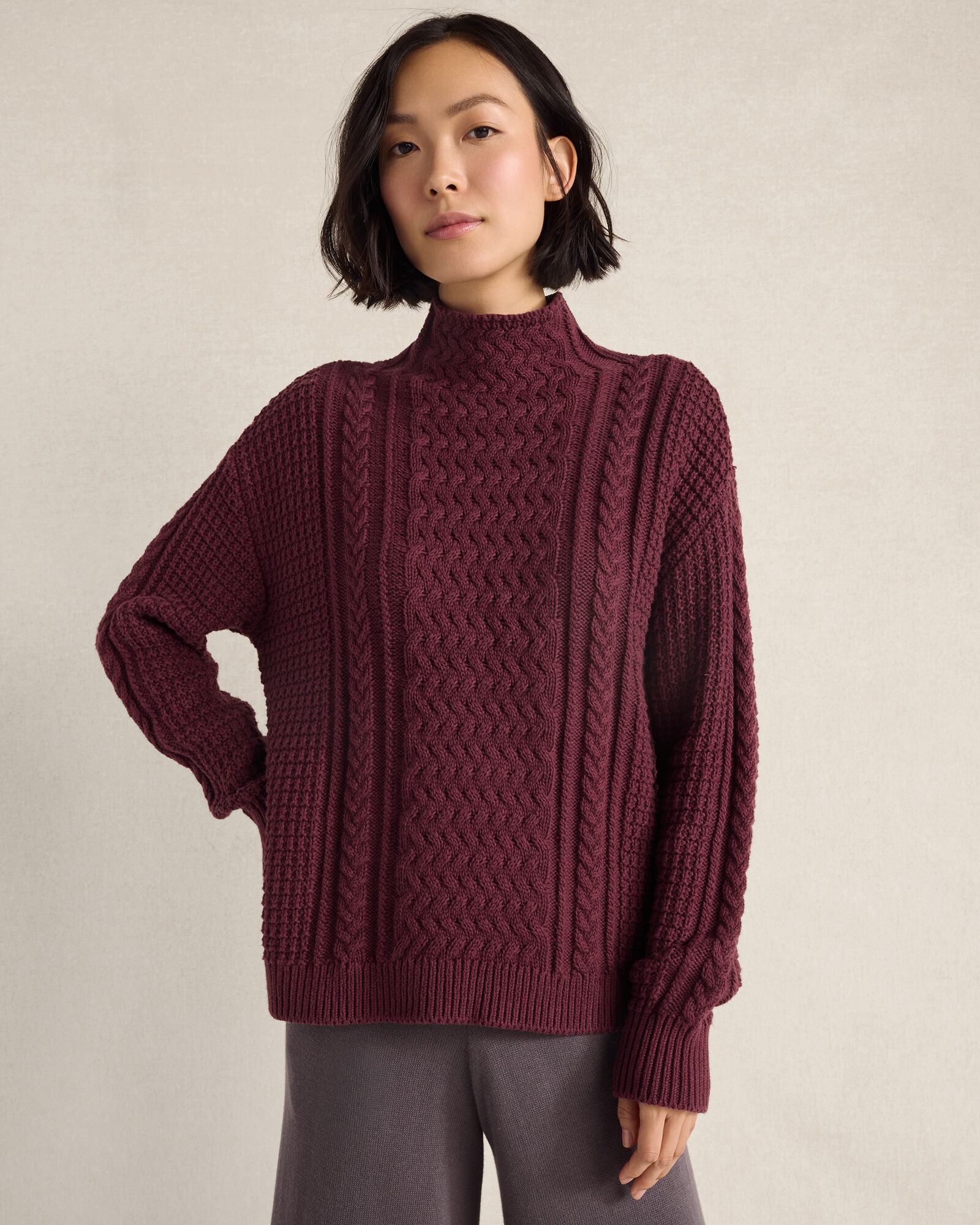 Organic Cotton Mixed Stitch Mockneck Sweater