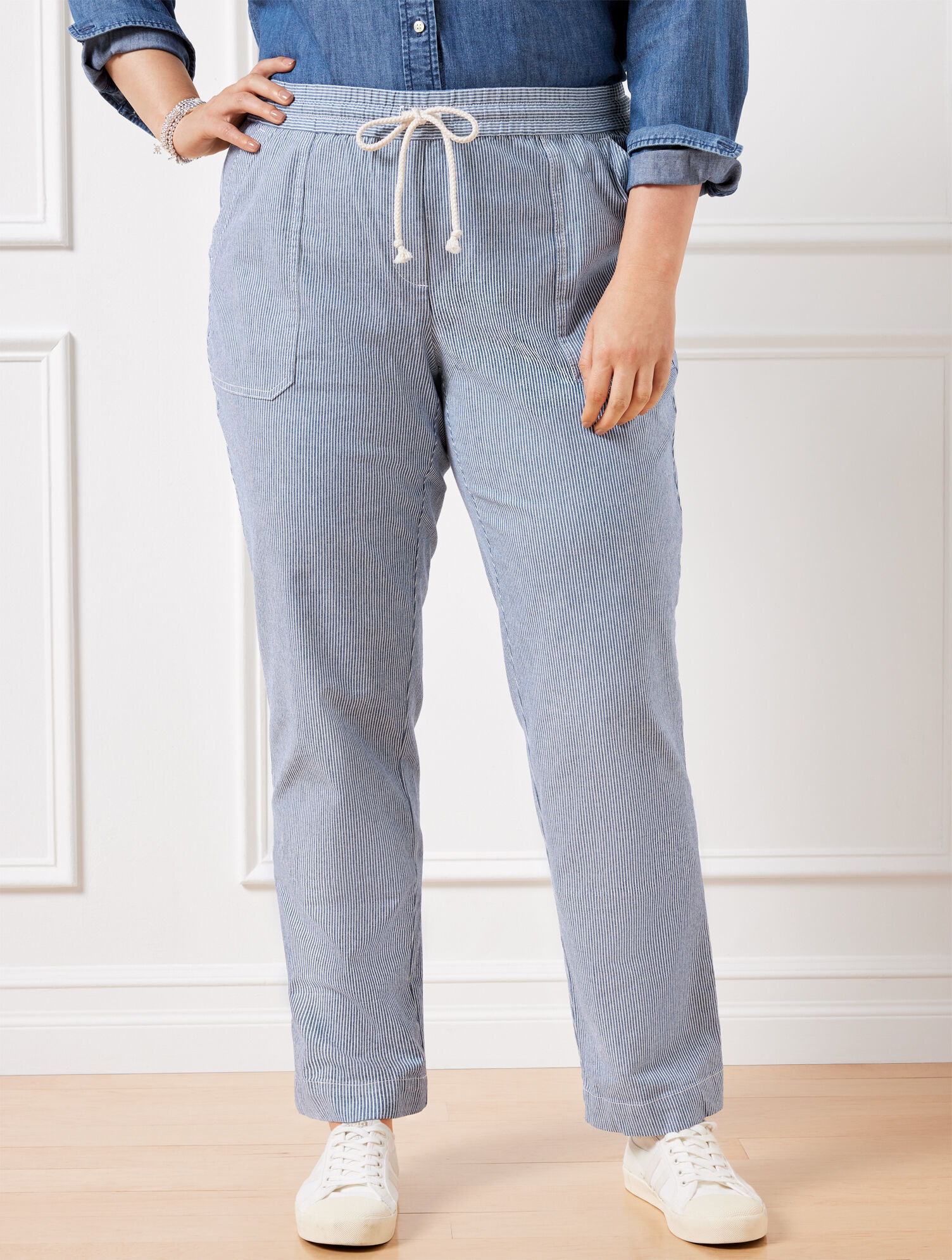 Straight Leg Drawstring Pants - Railroad Stripe | Talbots display picture 1