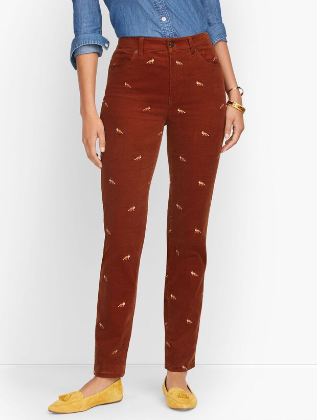 Stretch Corduroy Straight Leg Pants - Embroidered Foxes
