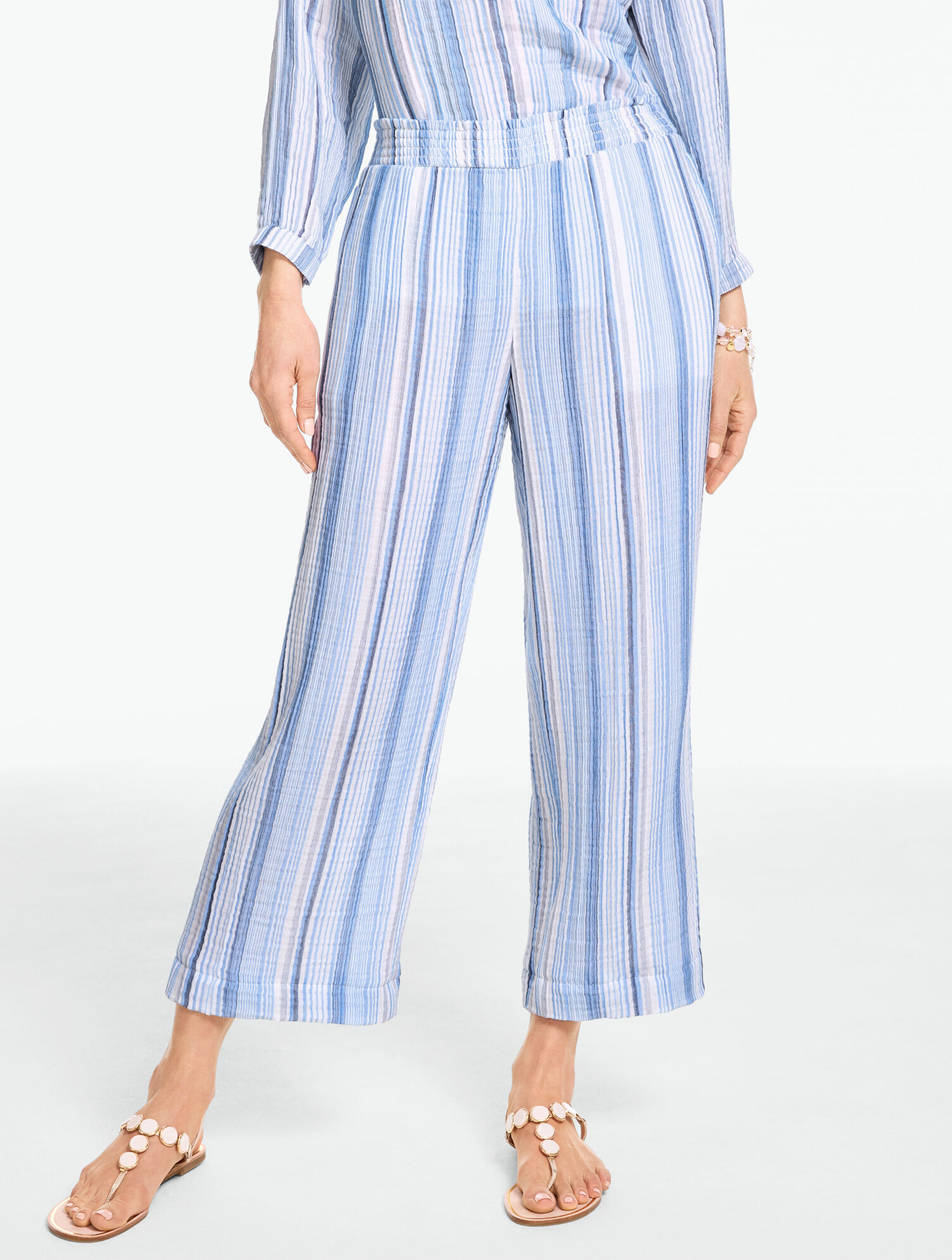 Cotton Gauze Straight Crop Pull-On Pants - Seaport Stripe