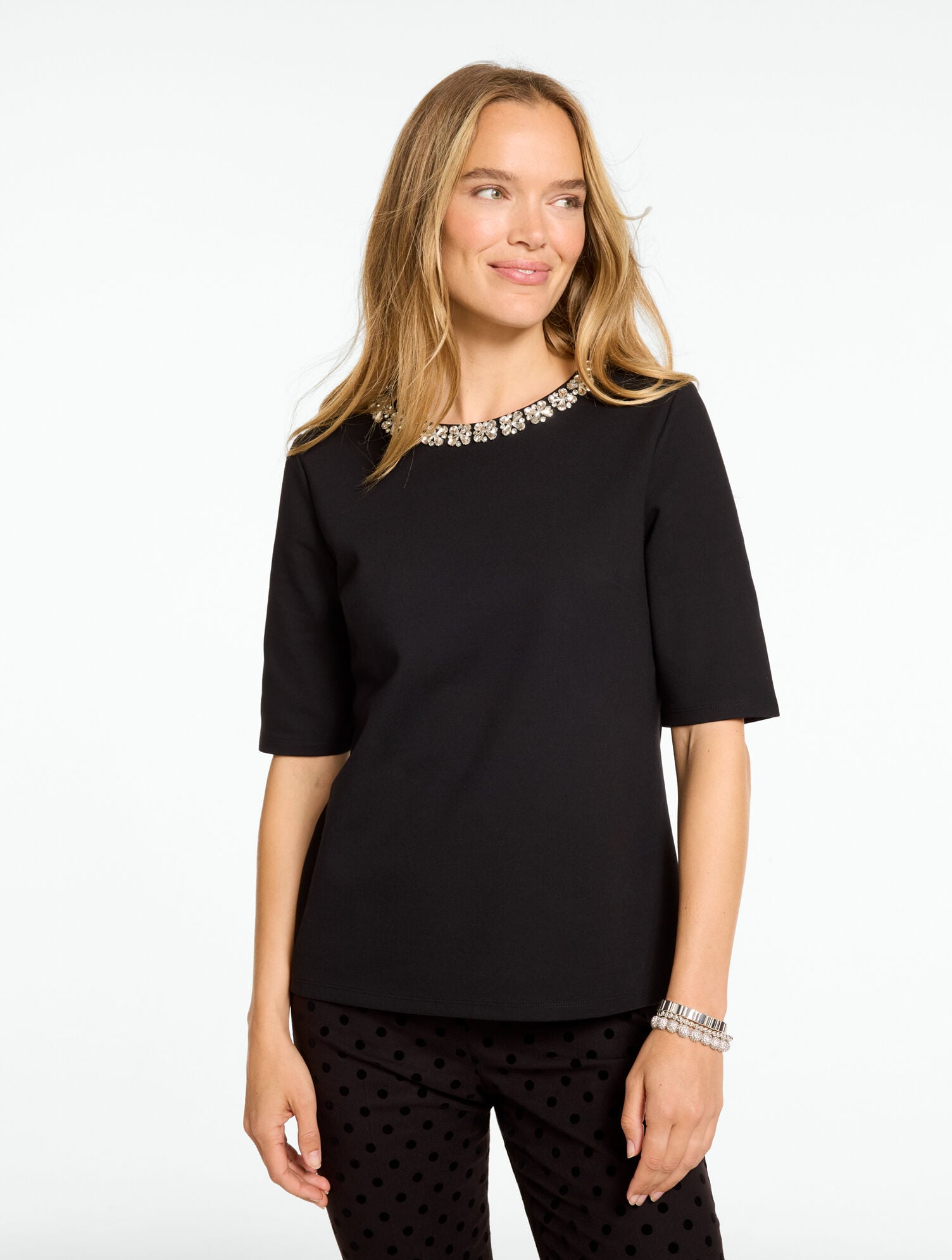 Polished Ponte Jewel Neck Elbow Sleeve Top