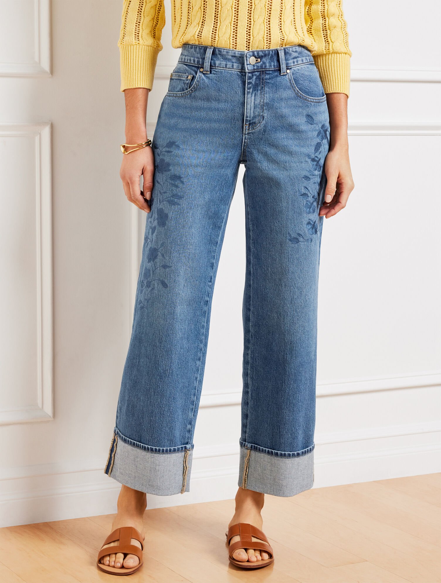 Wide Straight Ankle Embroidered Cuff Jeans Botanica Wash Talbots