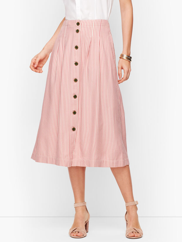 Stripe Button Front Pleated Skirt